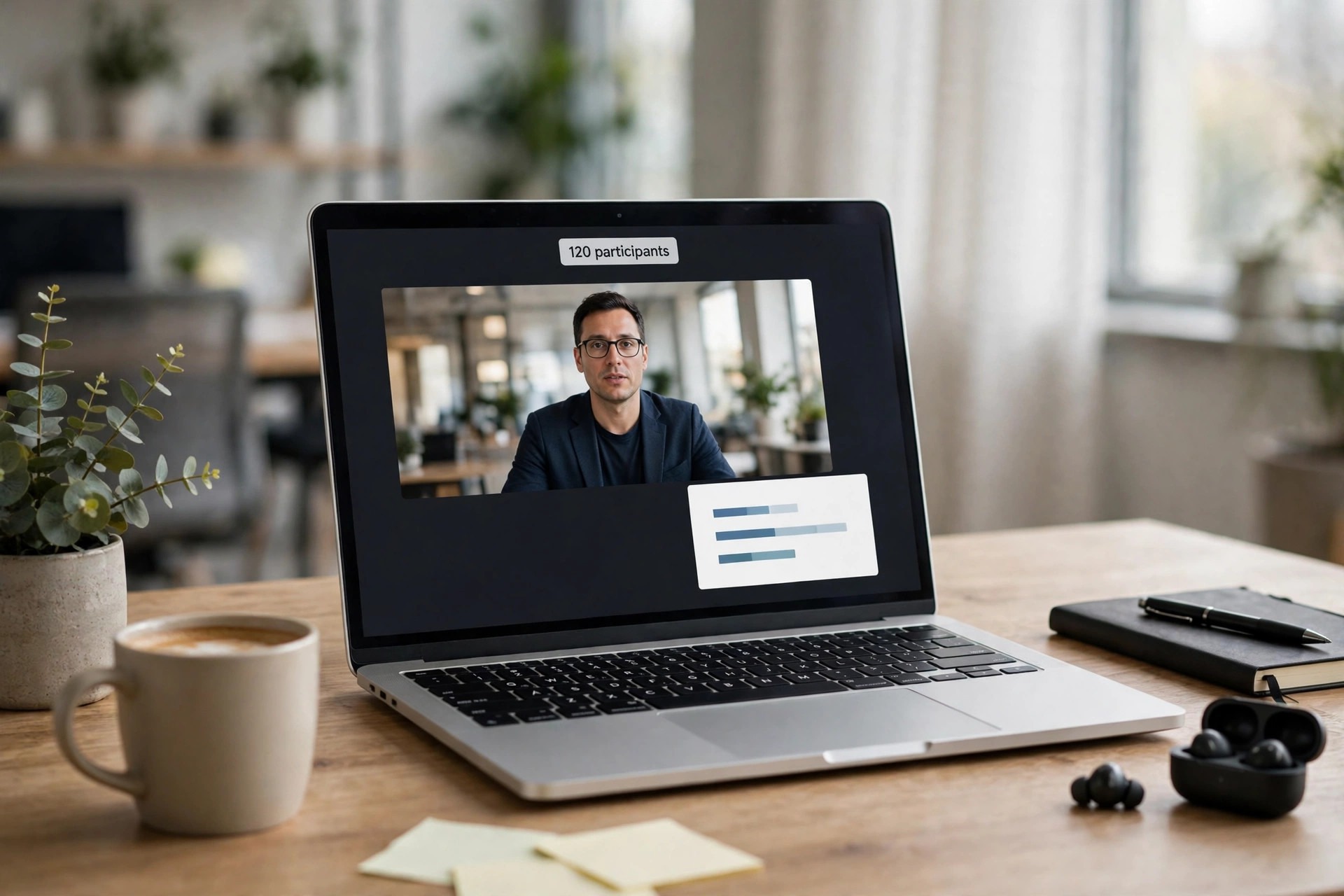Mockup concept. A laptop showing a Teams webinar with a participant counter and reporting panel