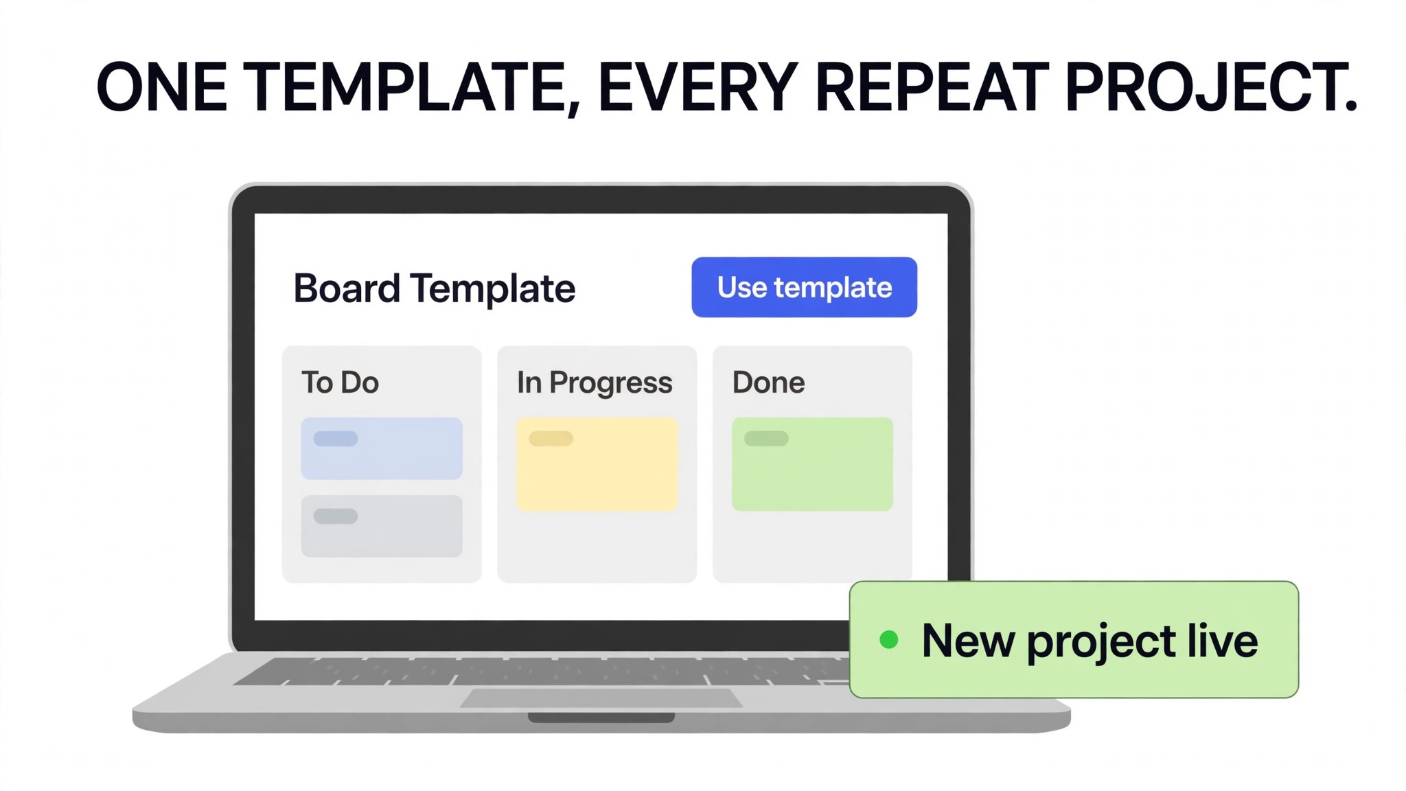 Mockup concept. A laptop showing a board template launching a real project