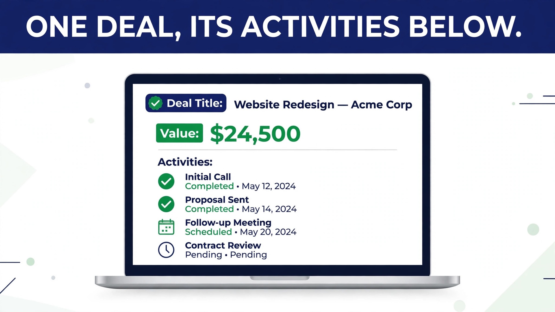 Mockup concept. A laptop showing a Pipedrive deal record with activities listed below it