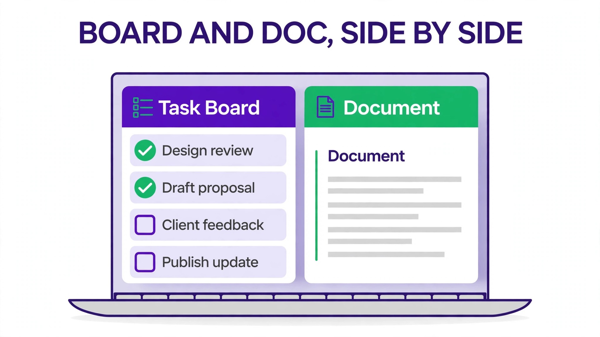 Mockup concept. A laptop showing a ClickUp board with a doc panel open beside it