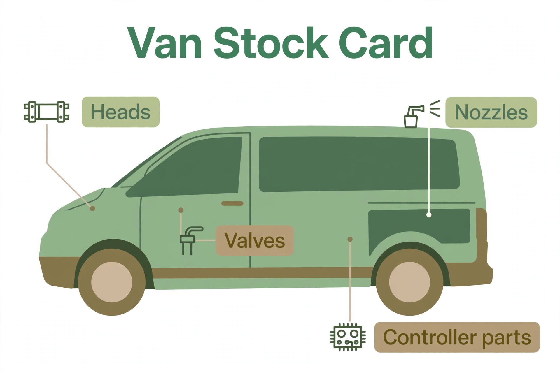 Annotated concept. A van stock card with callout labels for heads, valves, nozzles, and controller parts