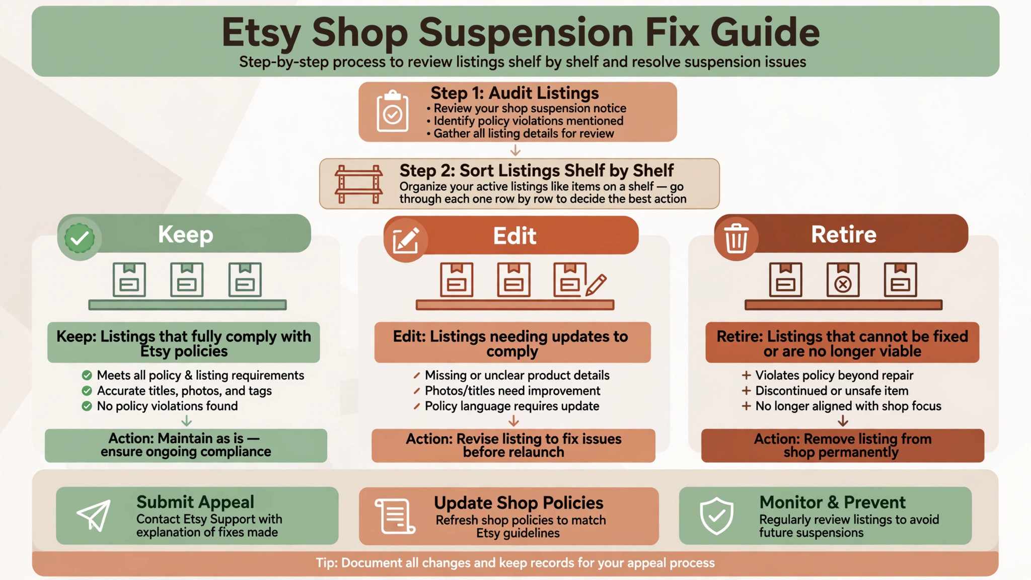 Flowchart concept. A flowchart sorting listings into keep, edit, and retire decisions shelf by shelf