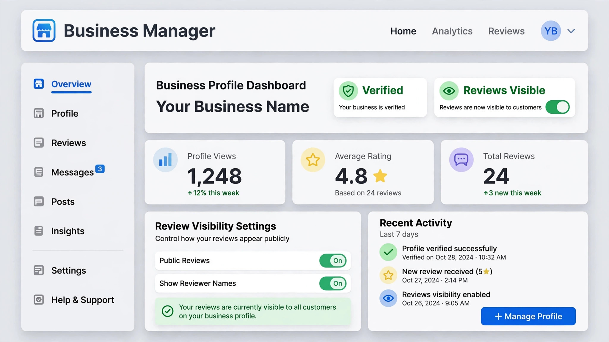 Mockup concept. A profile dashboard showing verified status and review visibility