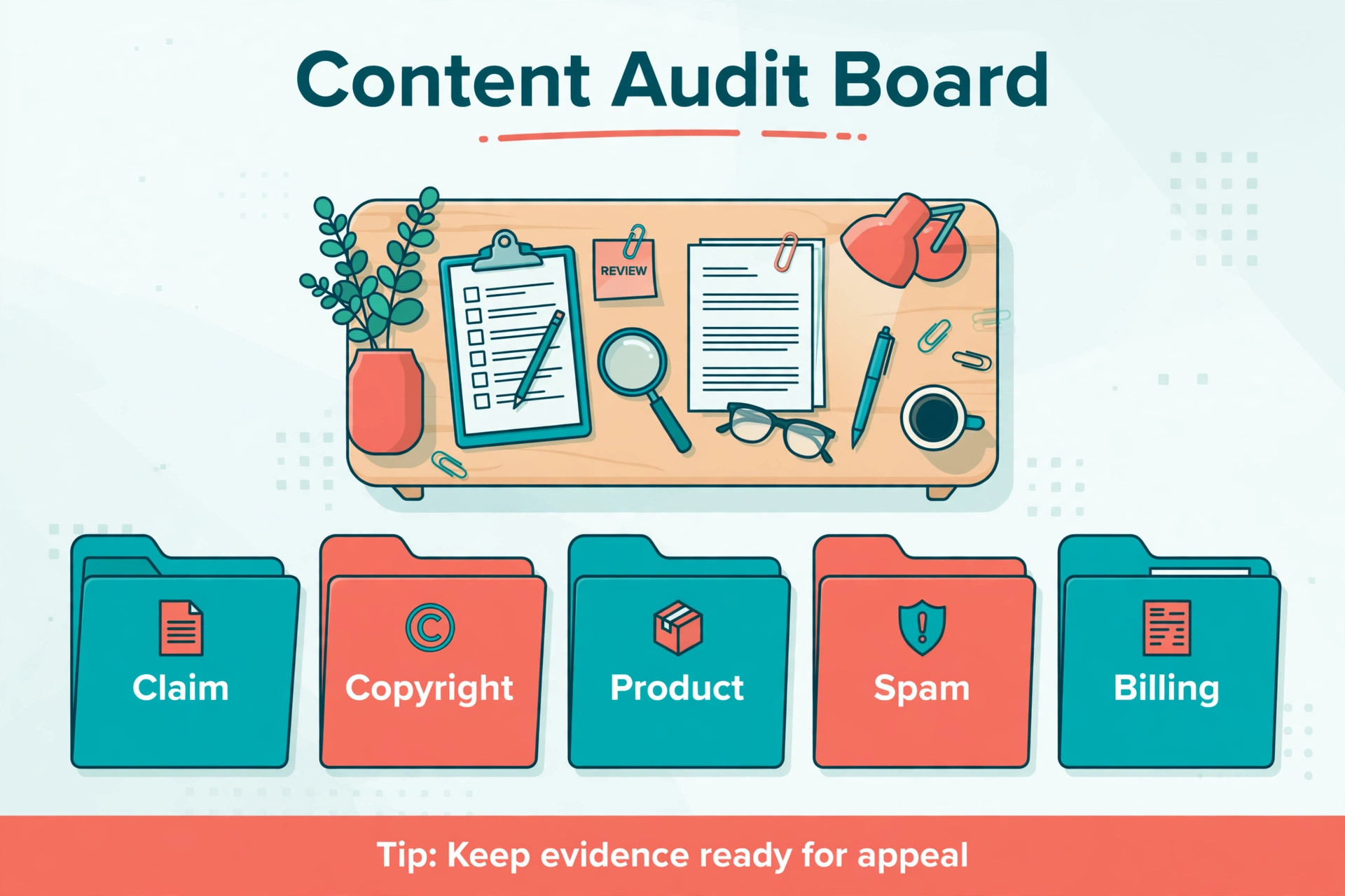 Diagram concept. A content audit board sorting videos into claim, copyright, product, spam, and billing groups