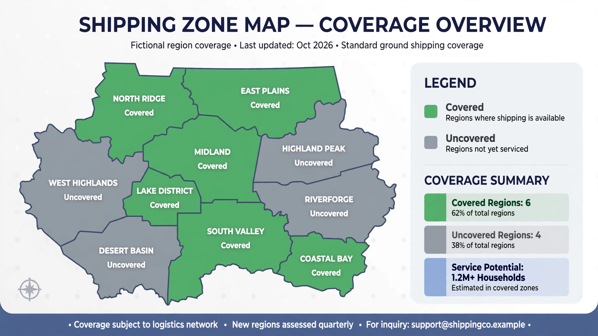 Map concept. A shipping zone map with covered and uncovered regions marked