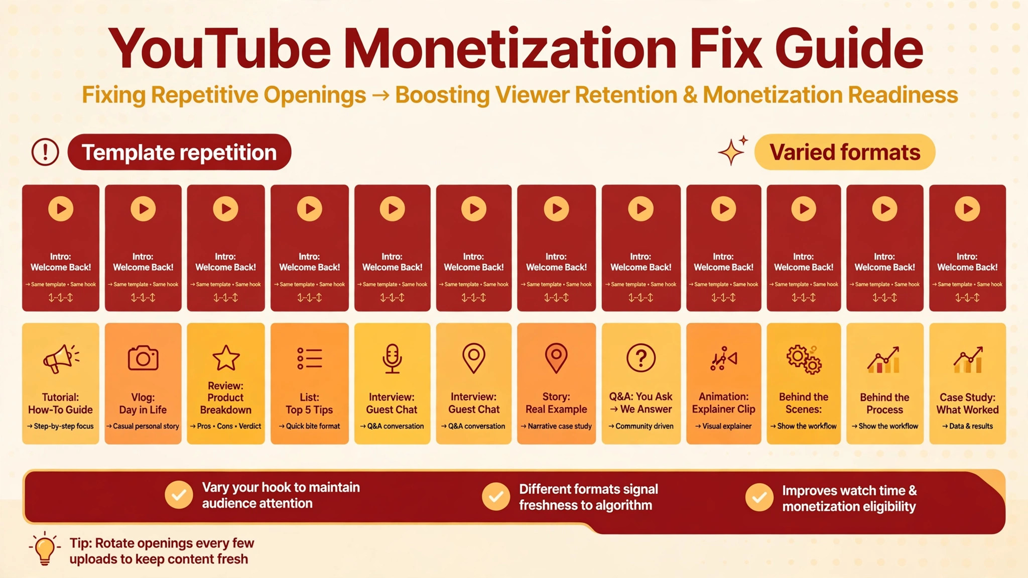 Timeline concept. A timeline of twenty video openings showing template repetition versus varied formats