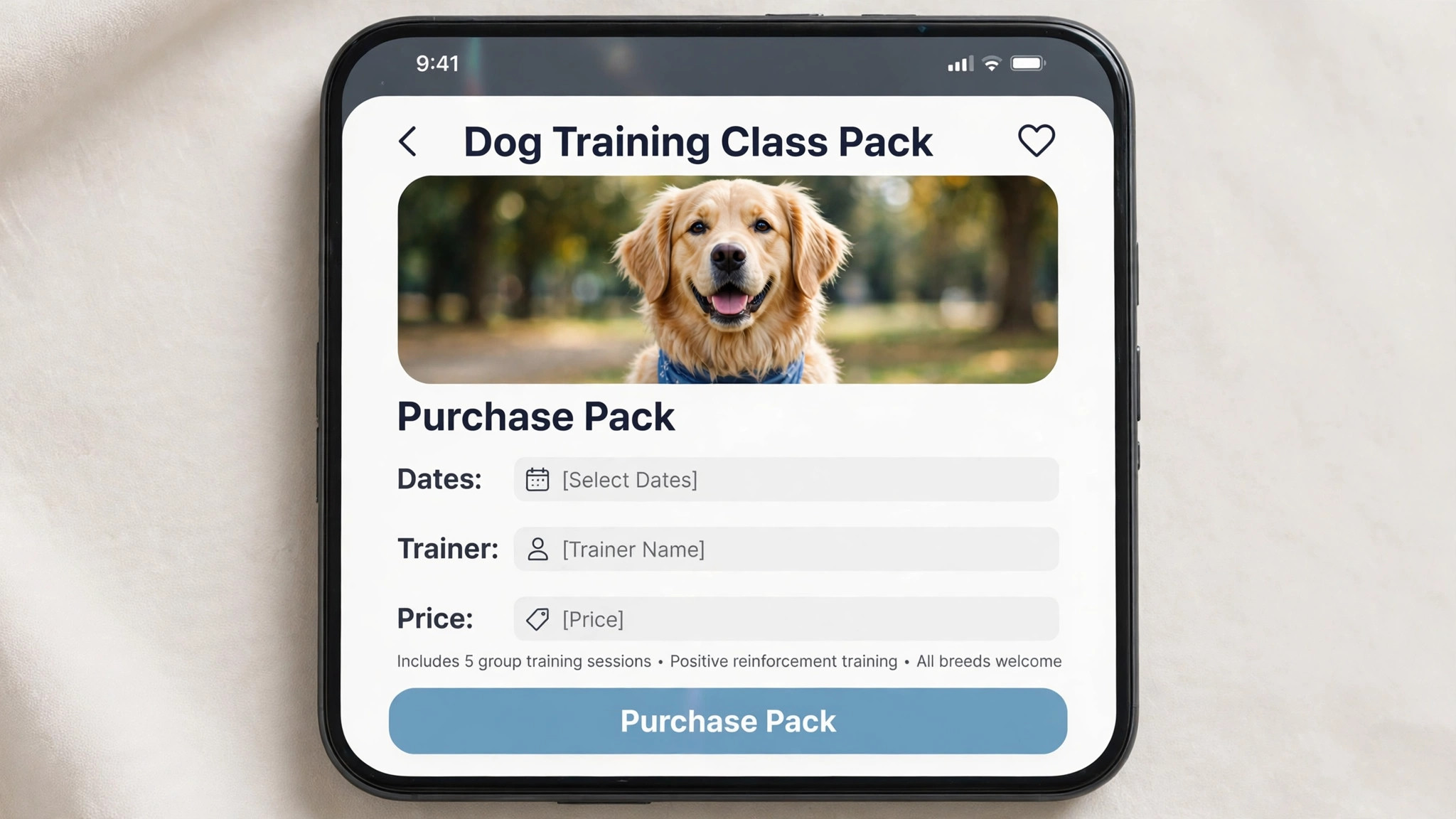 Mockup concept. A phone mockup showing a class pack purchase with dates, trainer, and price in one view