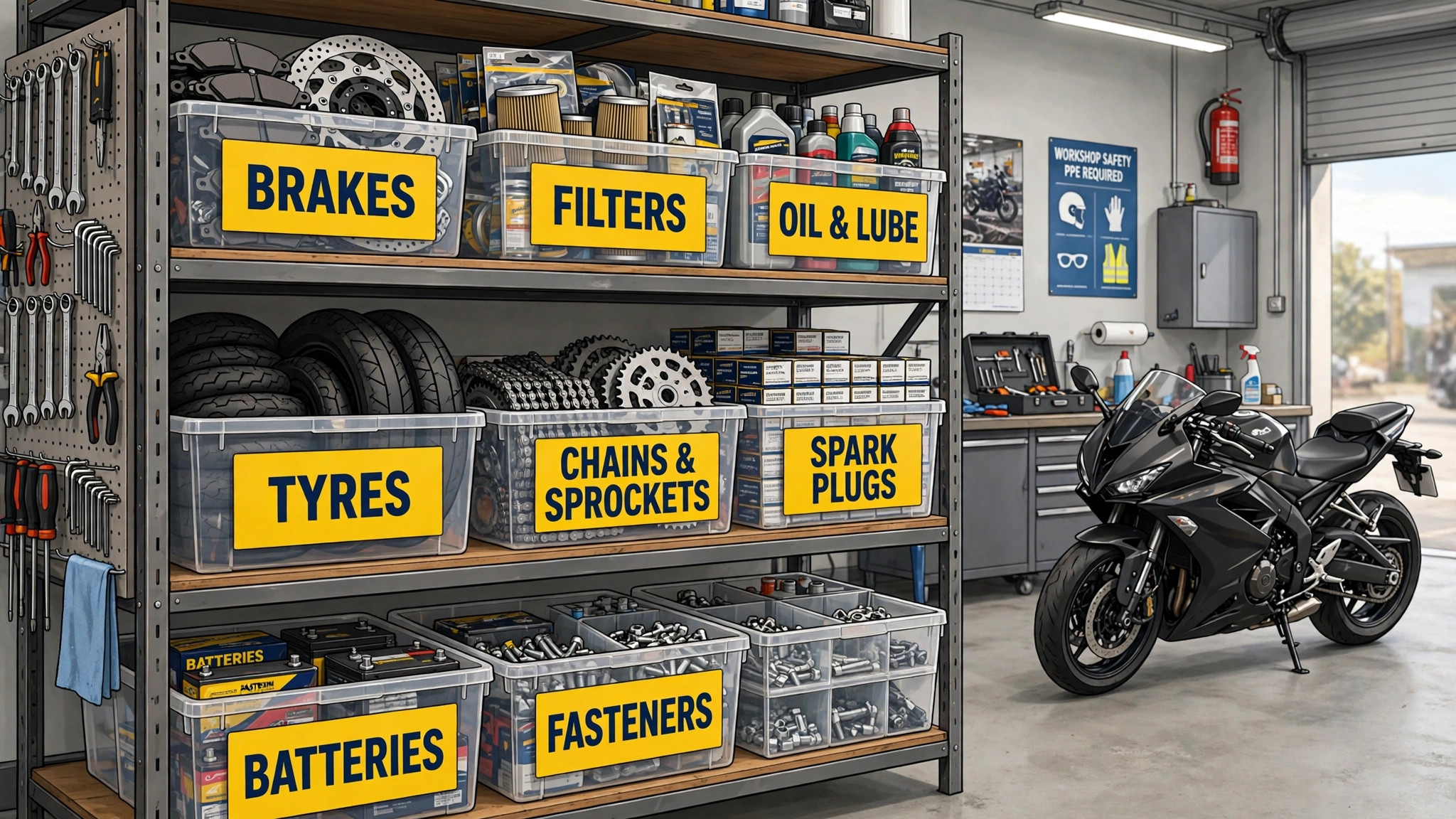 Diagram concept. A parts shelf with stock labels and a waiting bike in the background