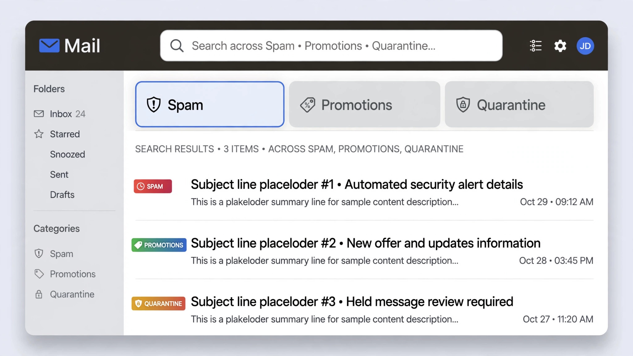 Screenshot concept. An inbox search across spam, promotions, and quarantine folders