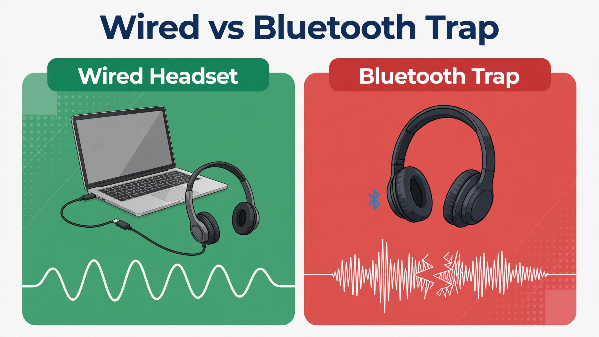 Comparison concept. A wired headset setup beside a Bluetooth profile trap setup