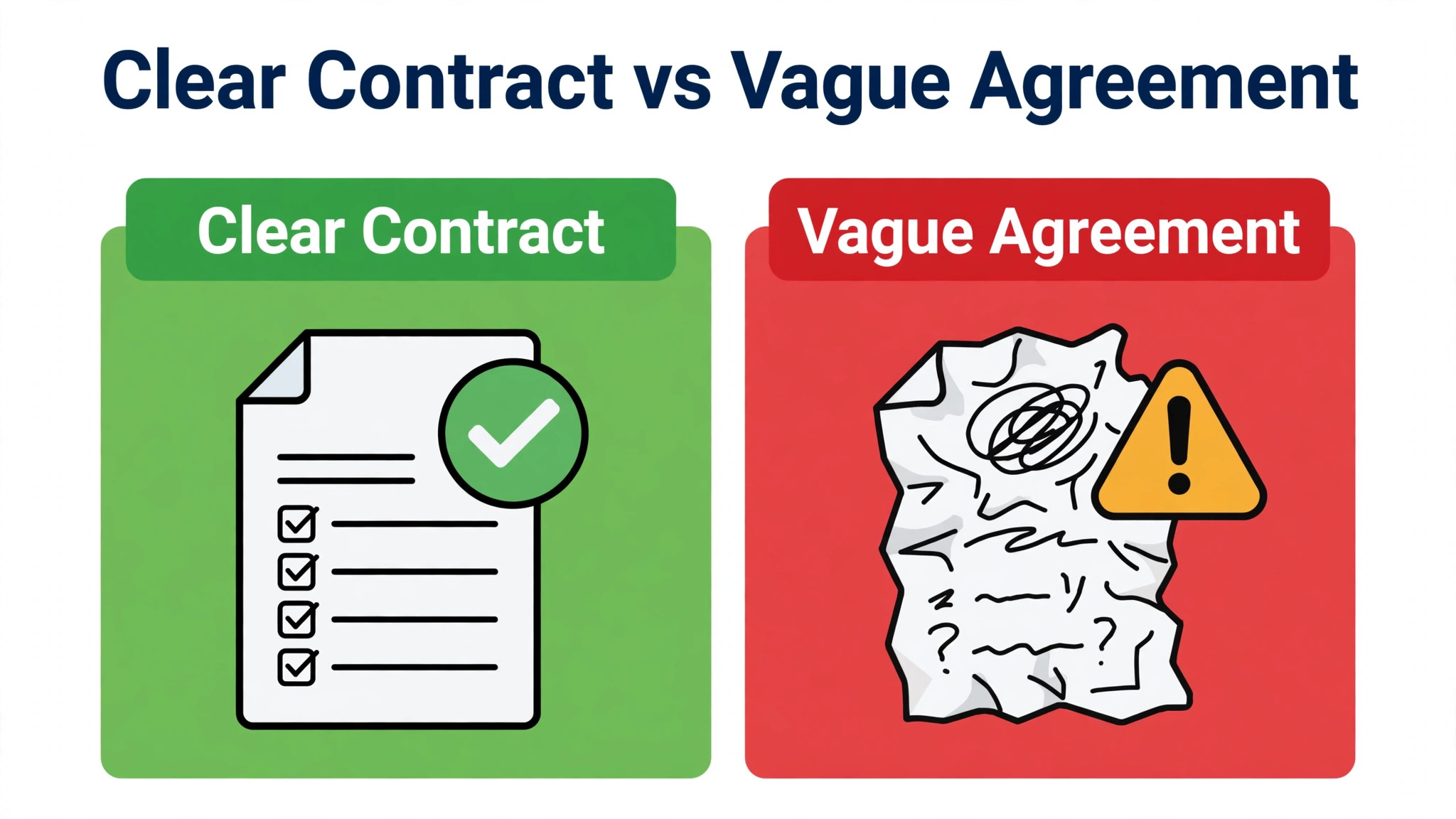 Comparison concept. A clear contract beside a vague agreement with outcomes contrasted