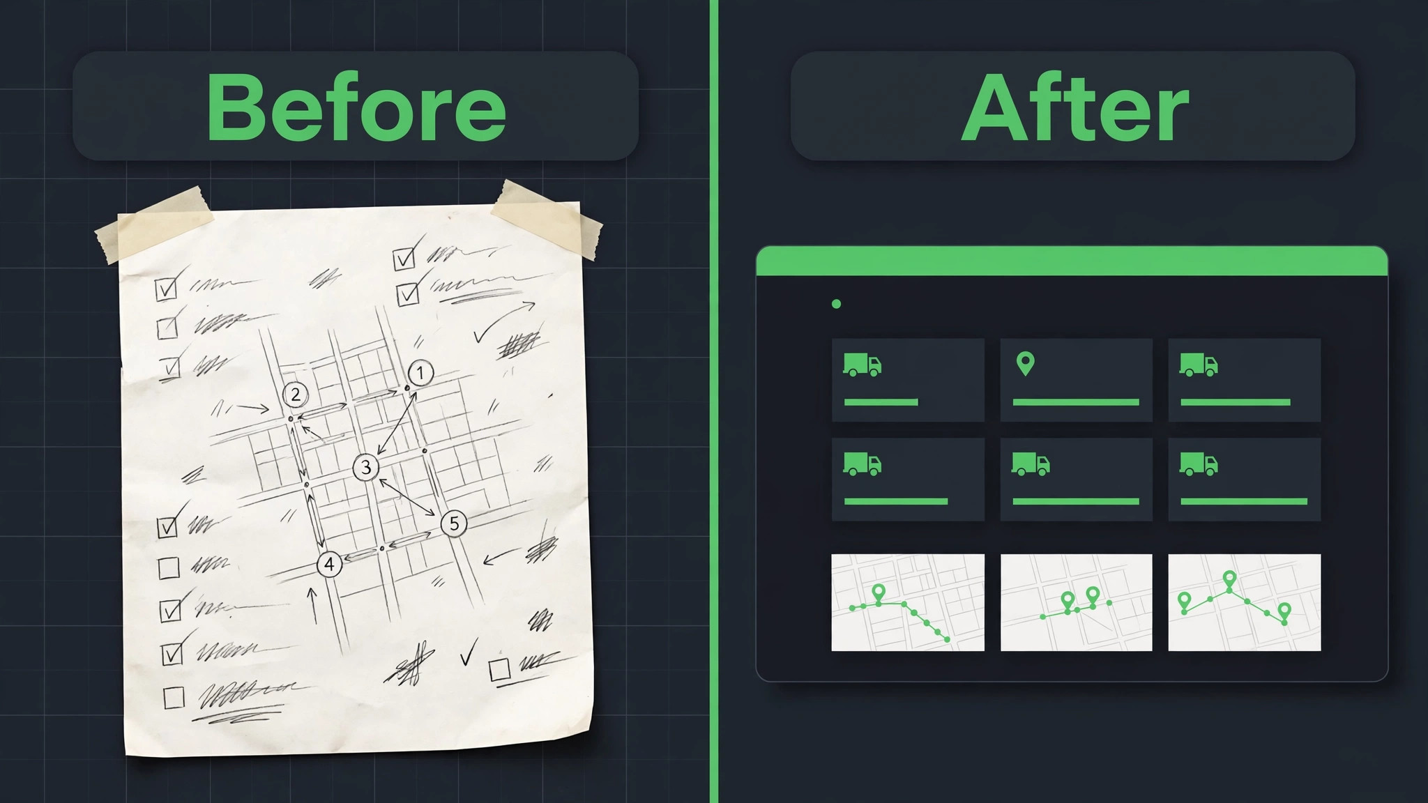 before and after pair showing a paper route sheet beside a live dispatch board.