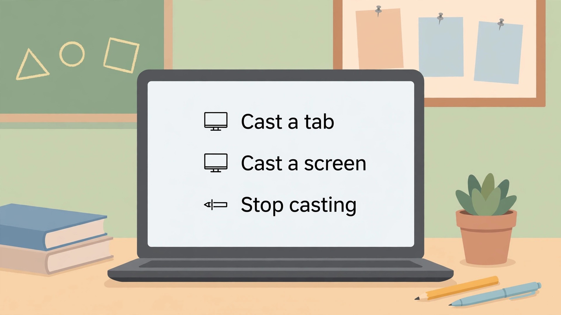 Annotated example of Chrome cast controls on a teacher laptop
