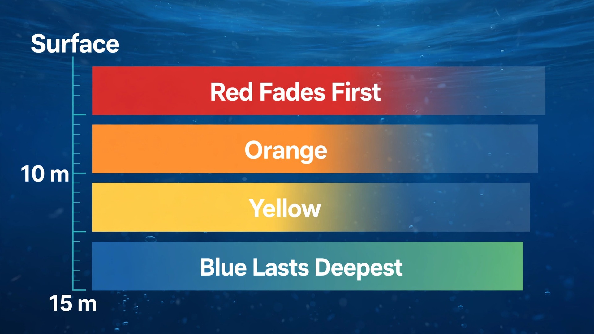Depth chart showing red orange and yellow light fading as depth increases underwater
