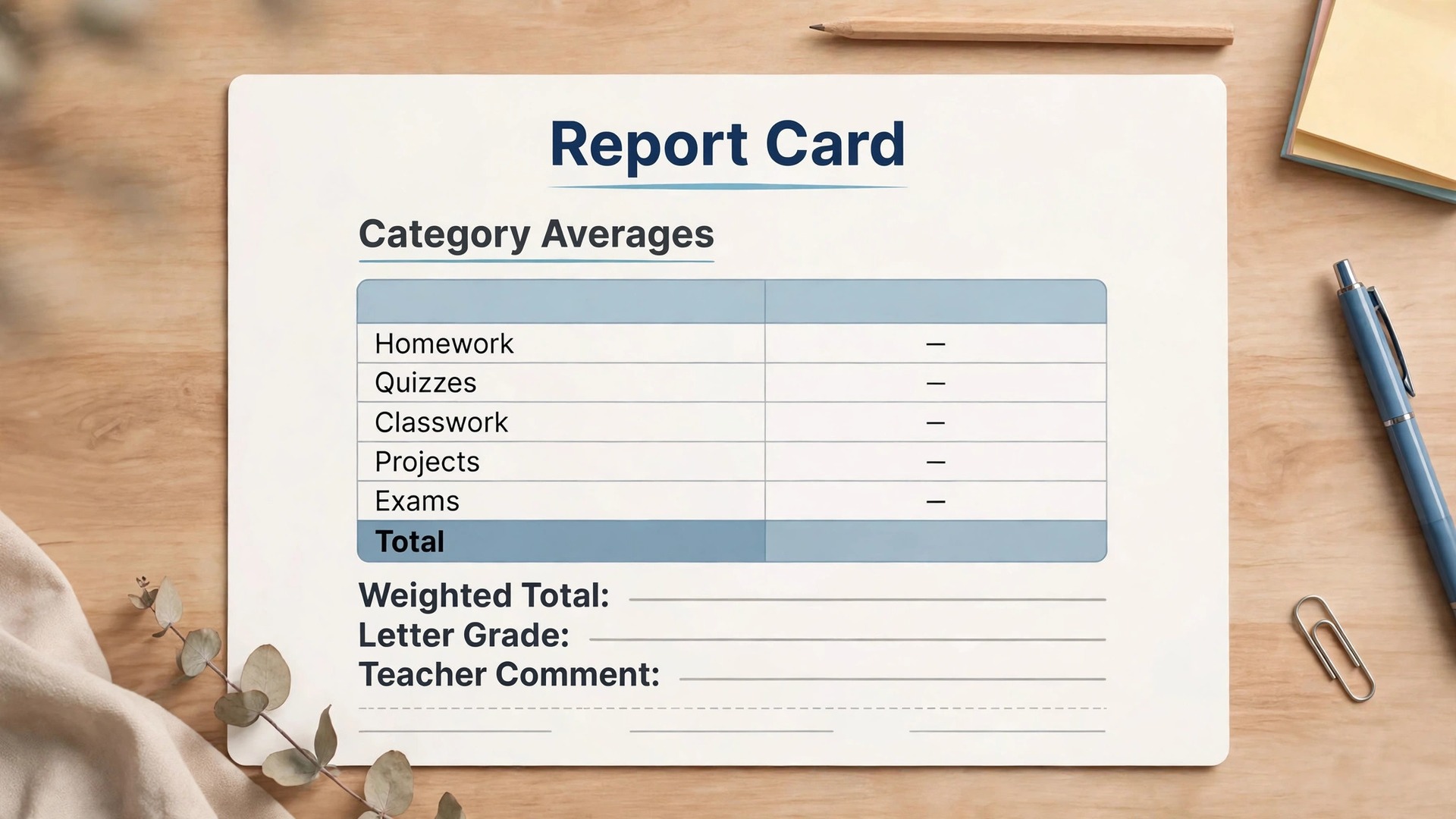 Single student report card mockup from Google Sheets gradebook
