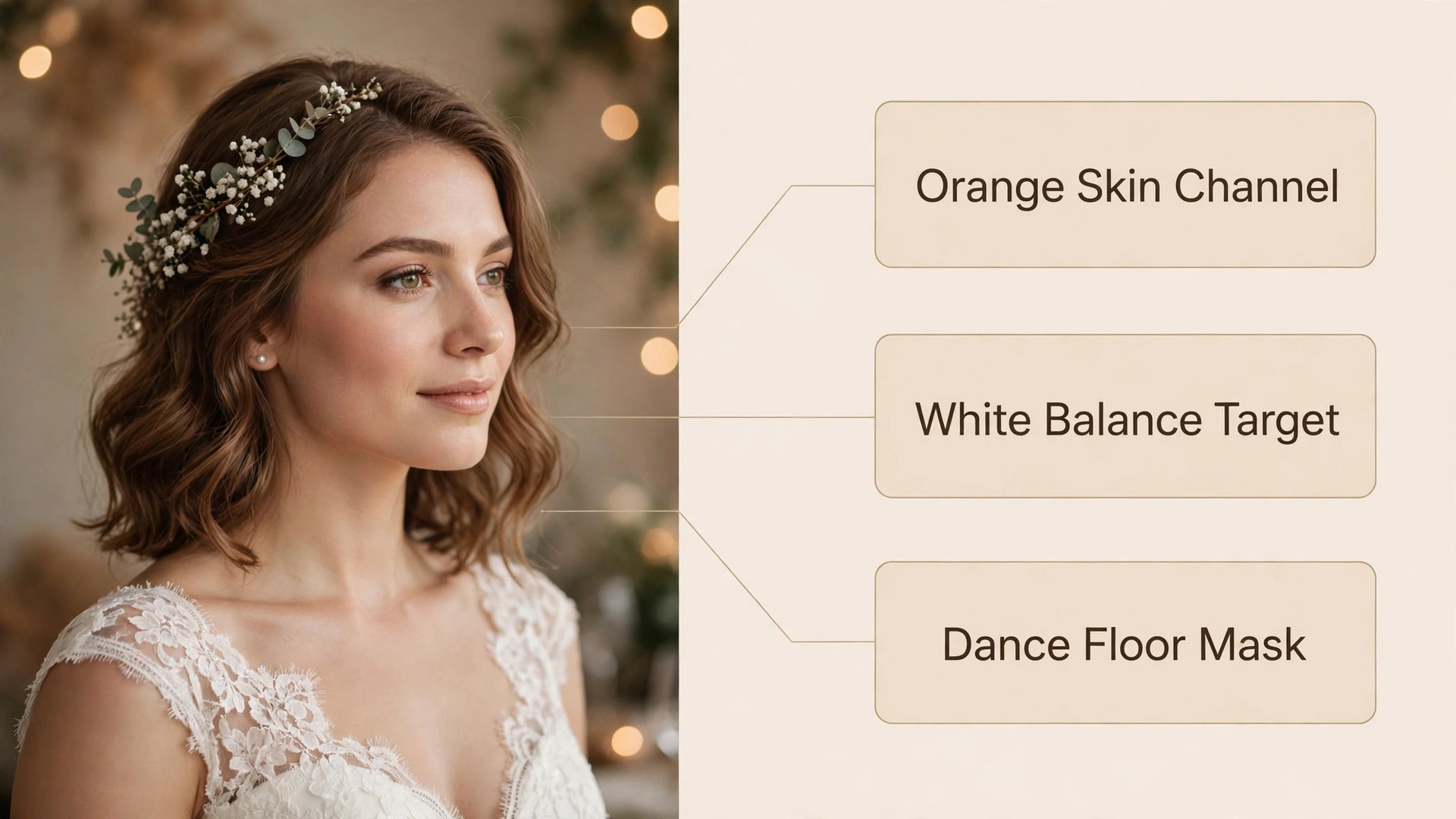 Annotated wedding portrait showing skin tone correction points