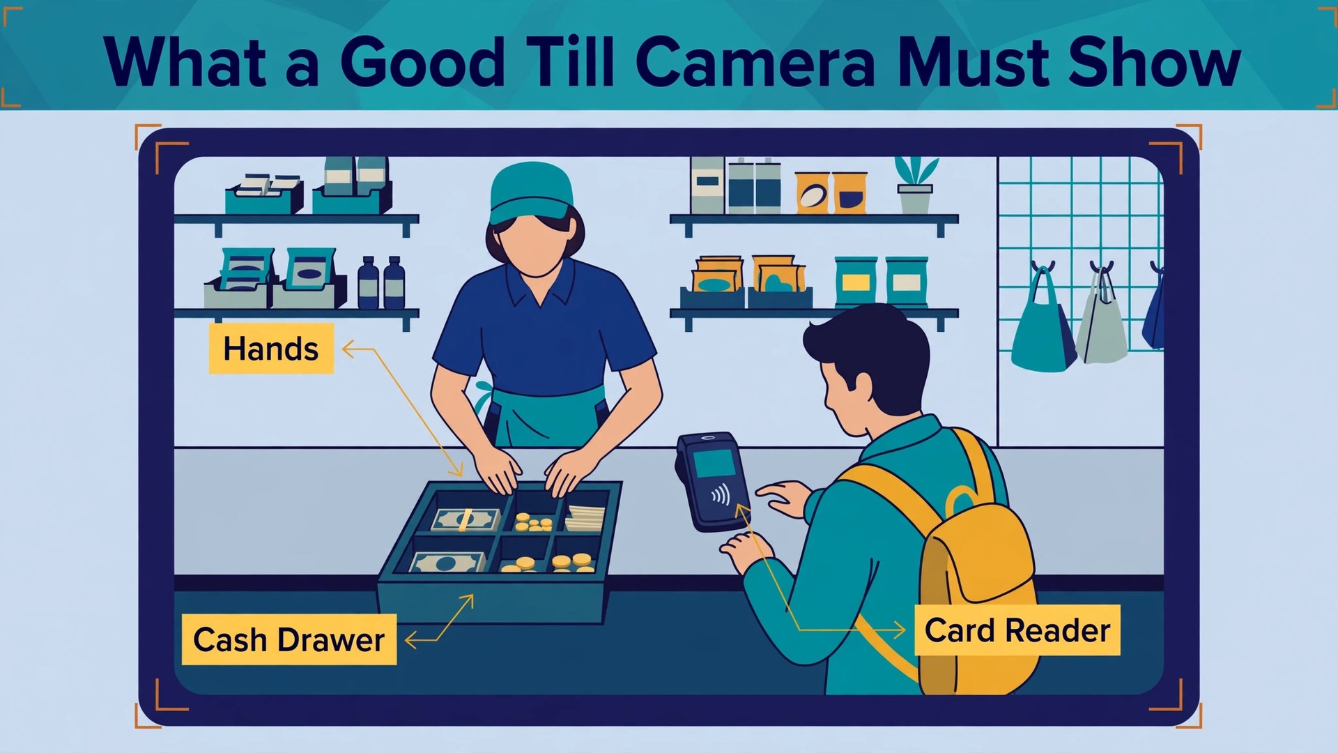 Annotated till camera view showing transaction details in a small shop