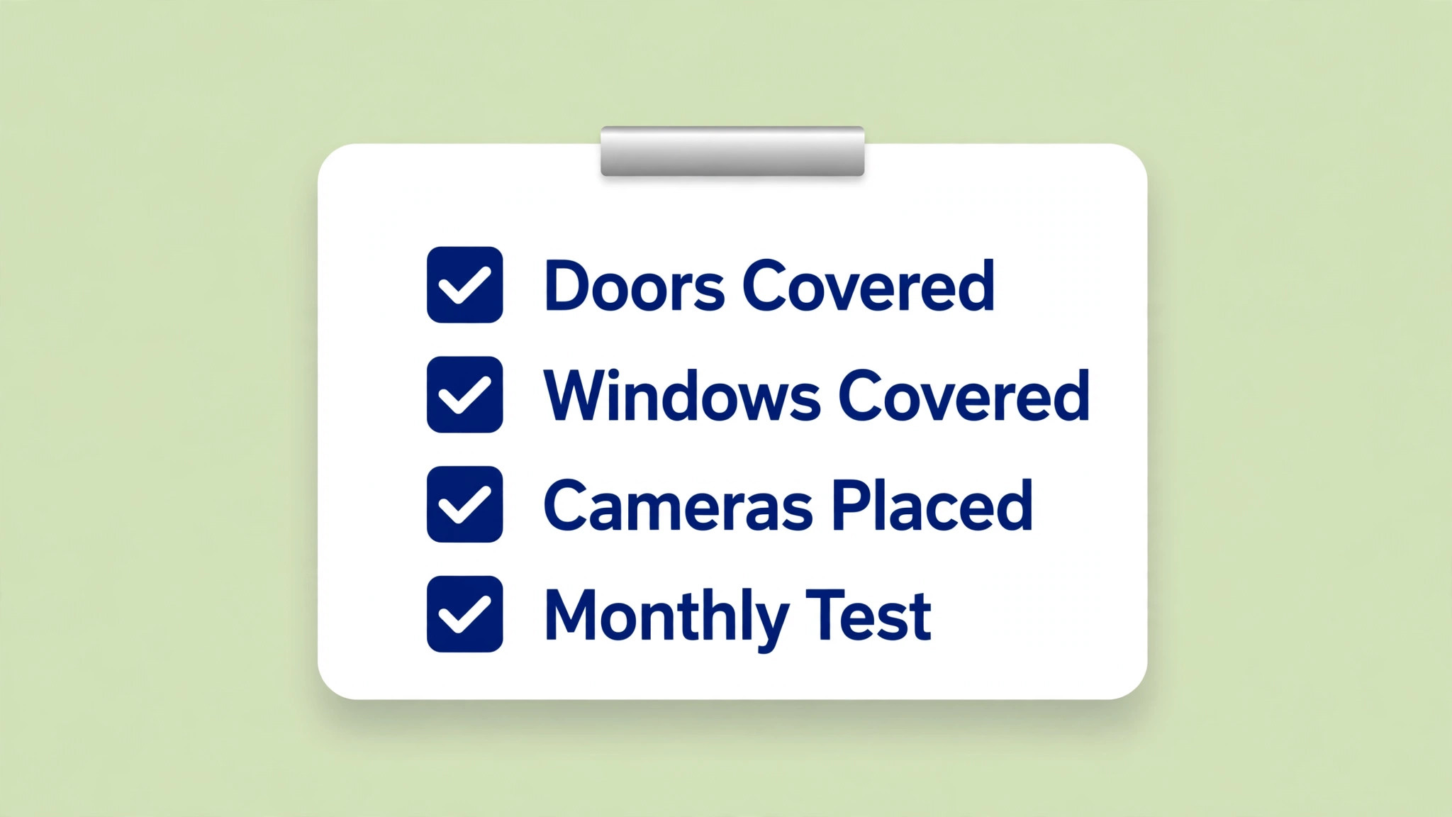 Home security checklist covering doors, windows, cameras and a monthly test