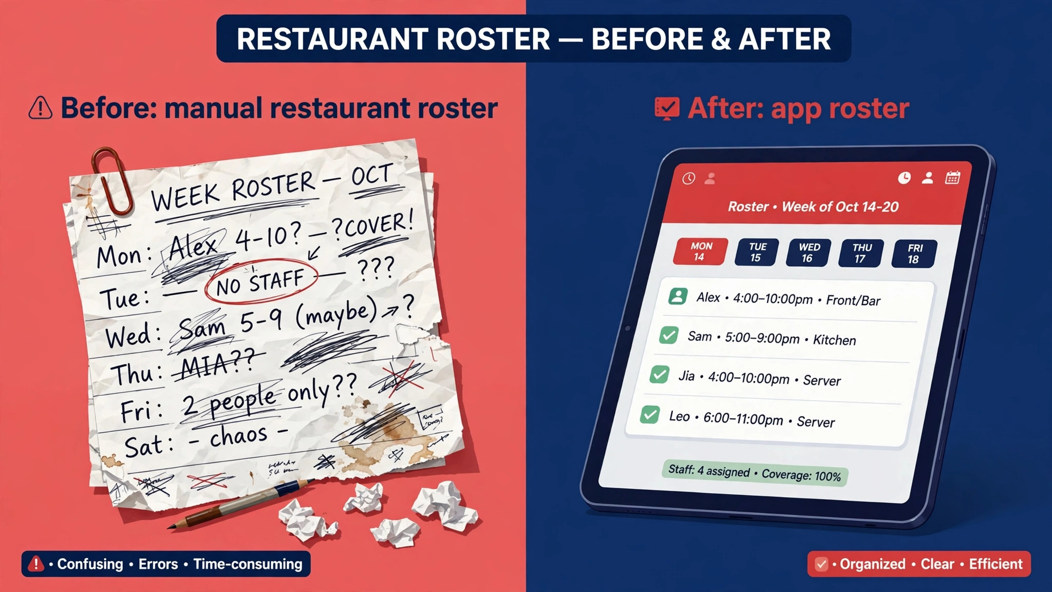 before and after view of a manual restaurant roster against an app based roster
