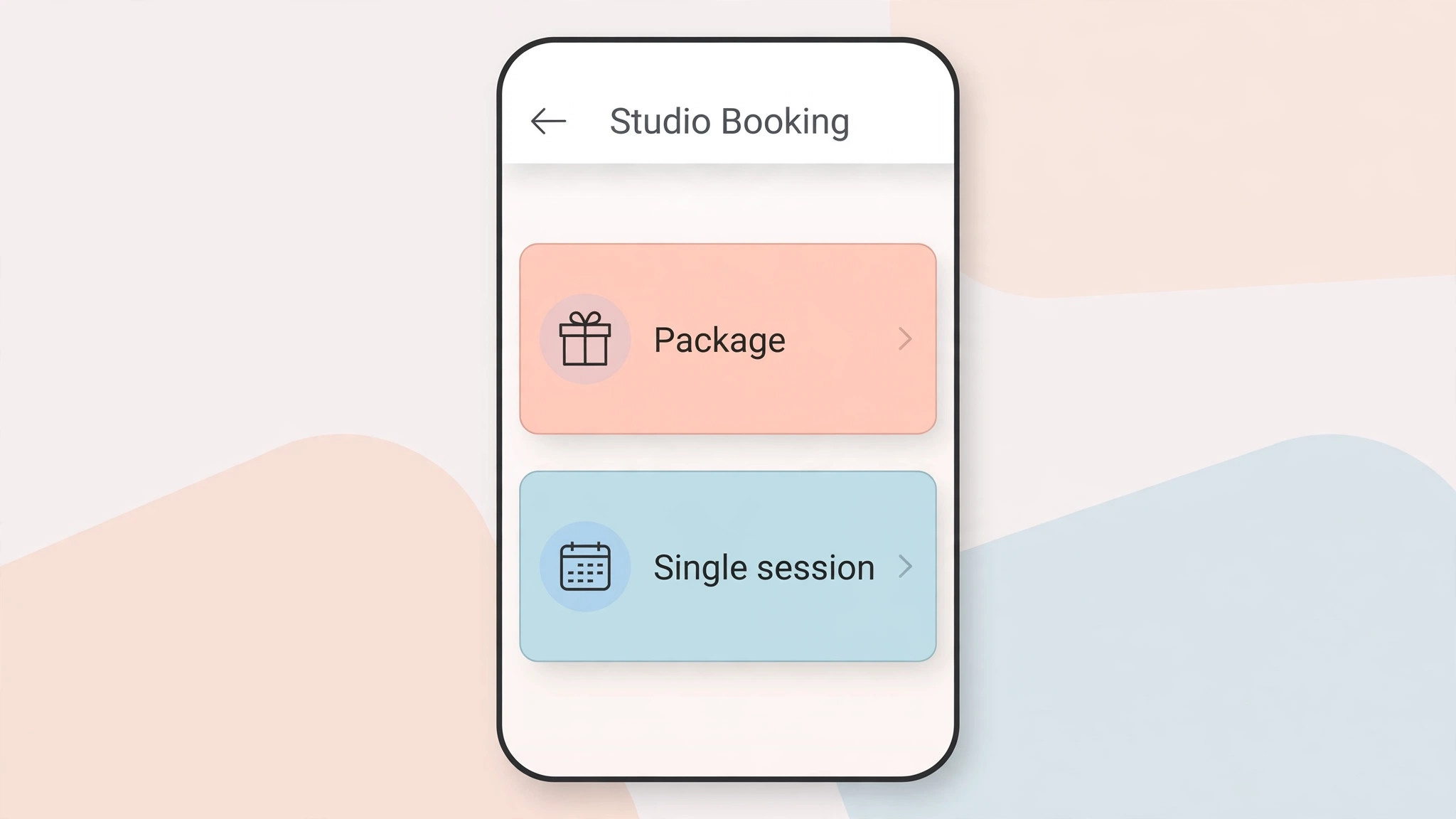 mockup of a studio booking page on a phone with package options