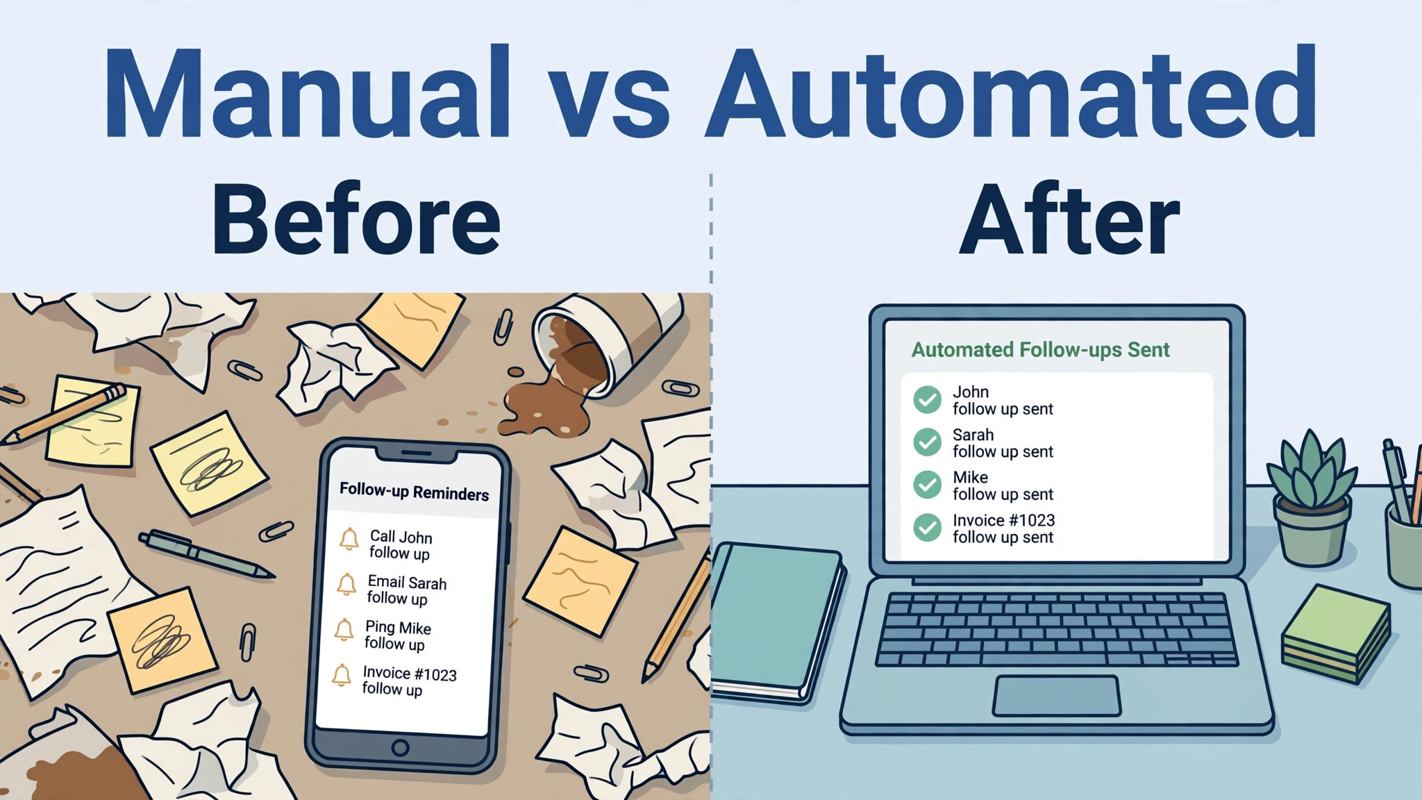 Before and after visual contrasting a month of manual chasing with a month of automated follow ups