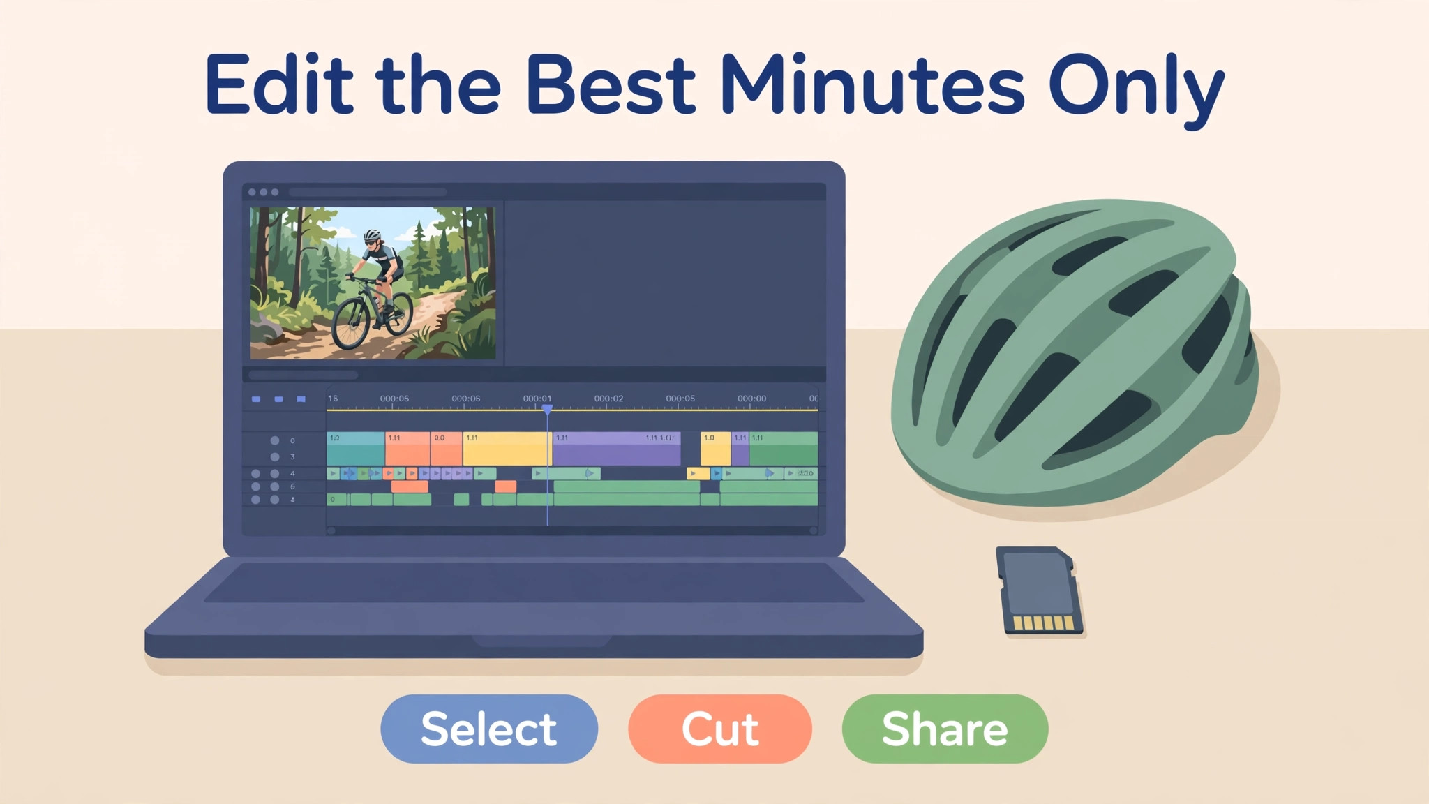 Video editing timeline with cycling clips beside a helmet and memory card