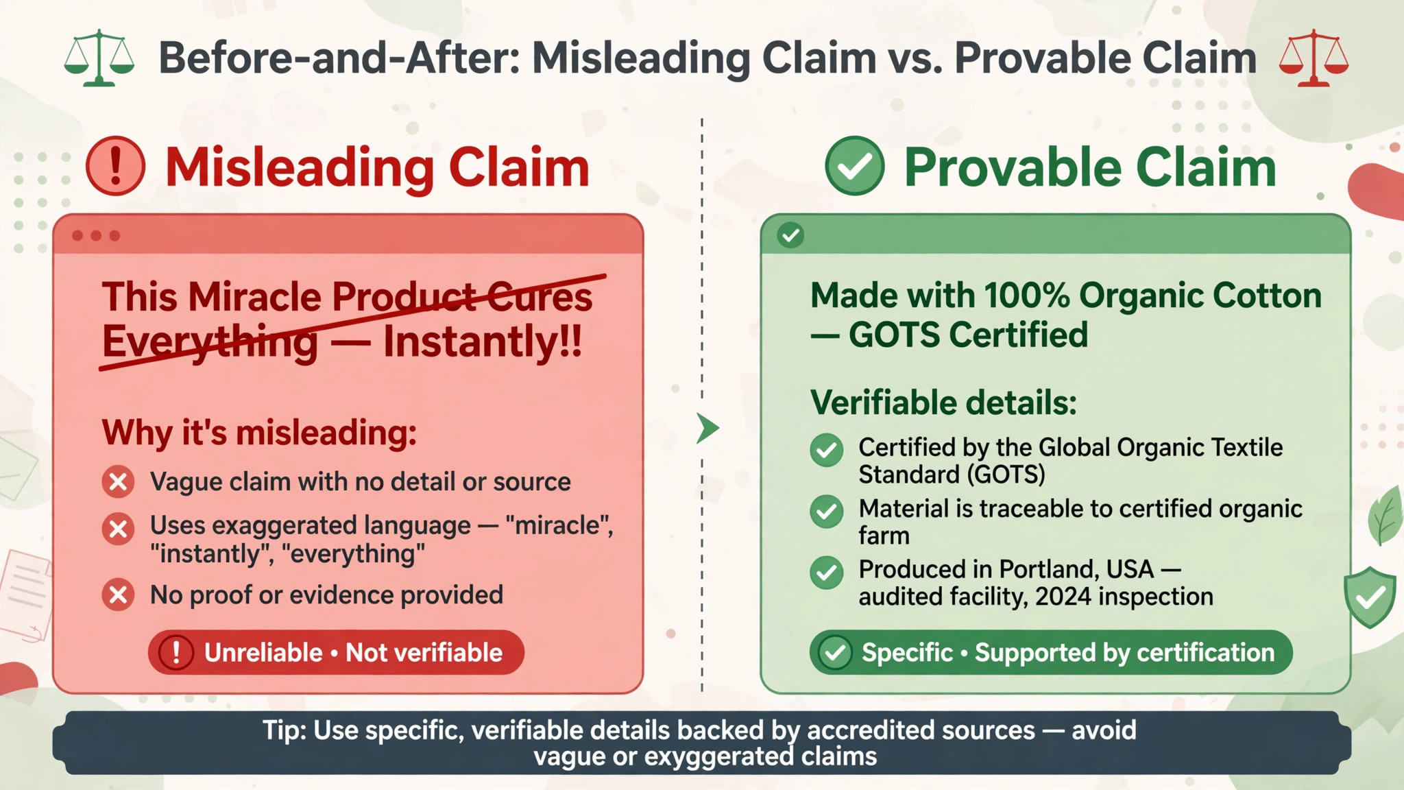 before and after pair showing a misleading landing page claim beside a provable claim version