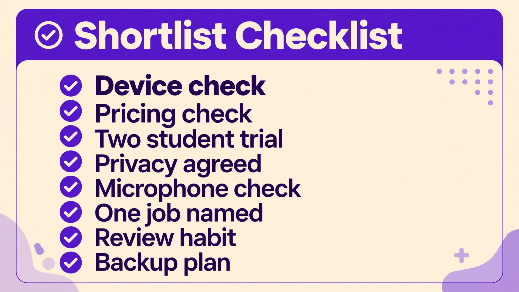 Checklist visual for shortlisting voice coach tools
