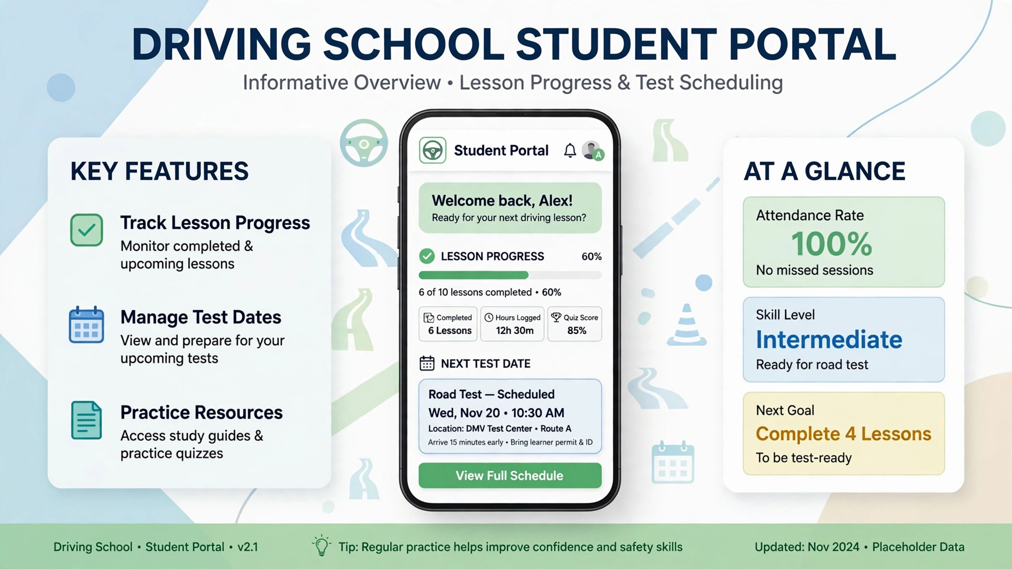 mockup of driving school student portal on phone