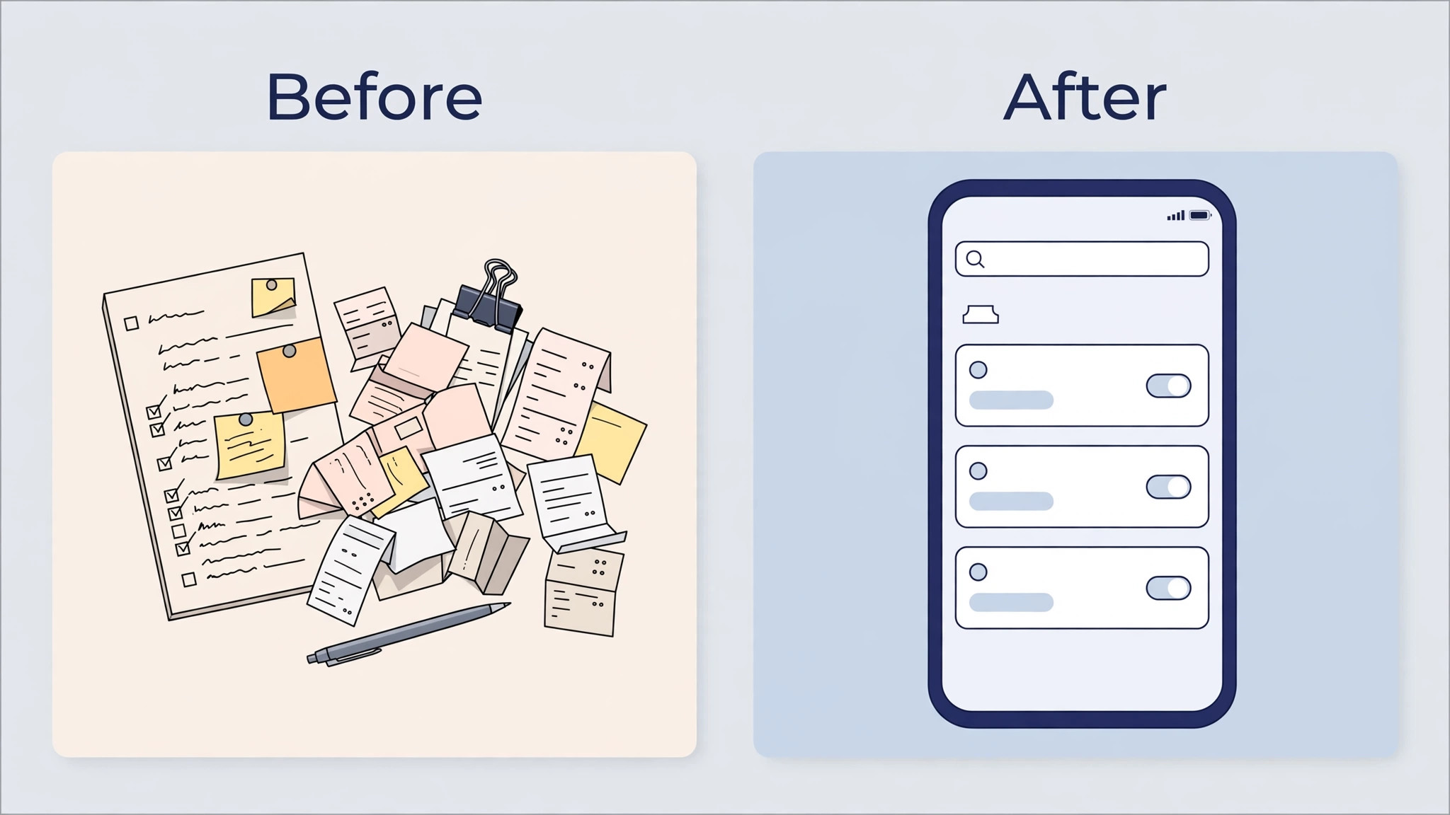 Before and after view of paper tab tracking versus mobile tab management