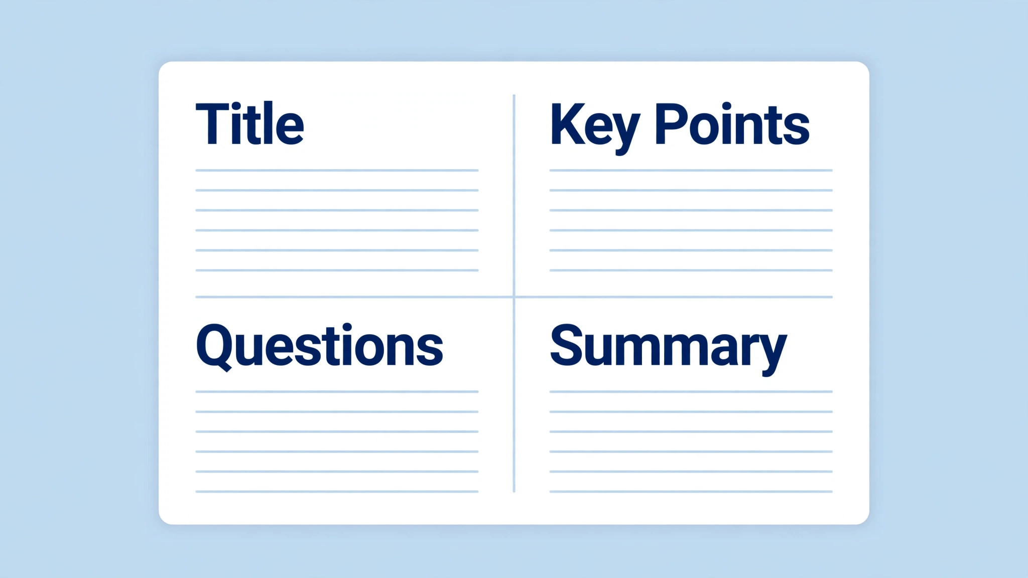 Lecture note template with title, key points, questions and summary sections