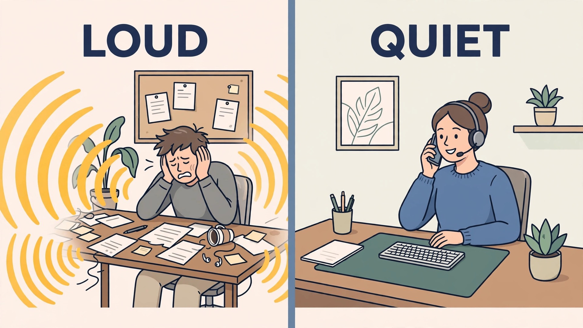 Loud office desk compared with a quiet desk set up for shared spaces