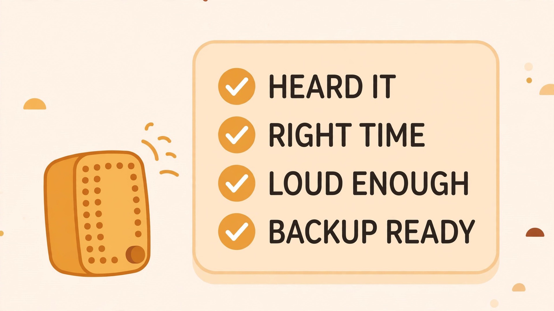 Timer failure checklist with heard it, right time, loud enough and backup ready ticked
