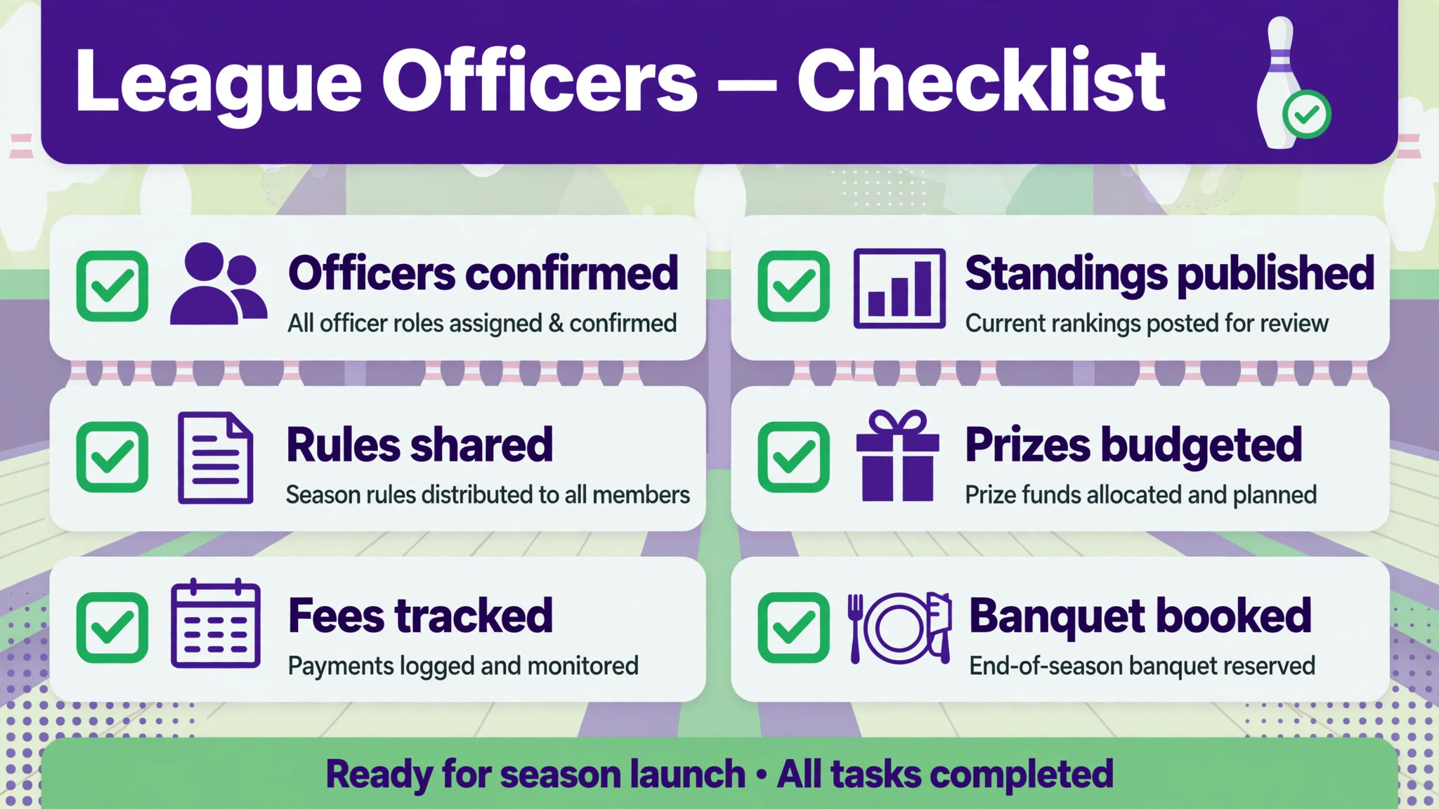 Checklist for league season template tasks