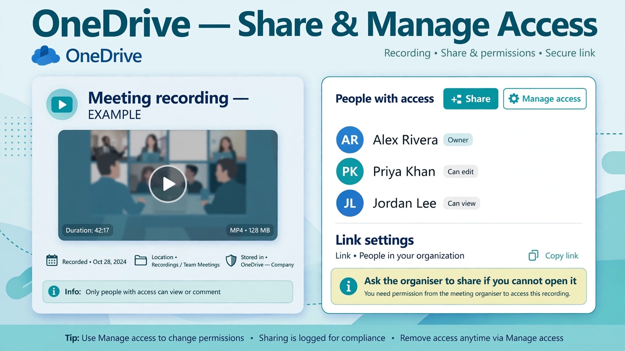 Mockup of OneDrive share settings for a recording.