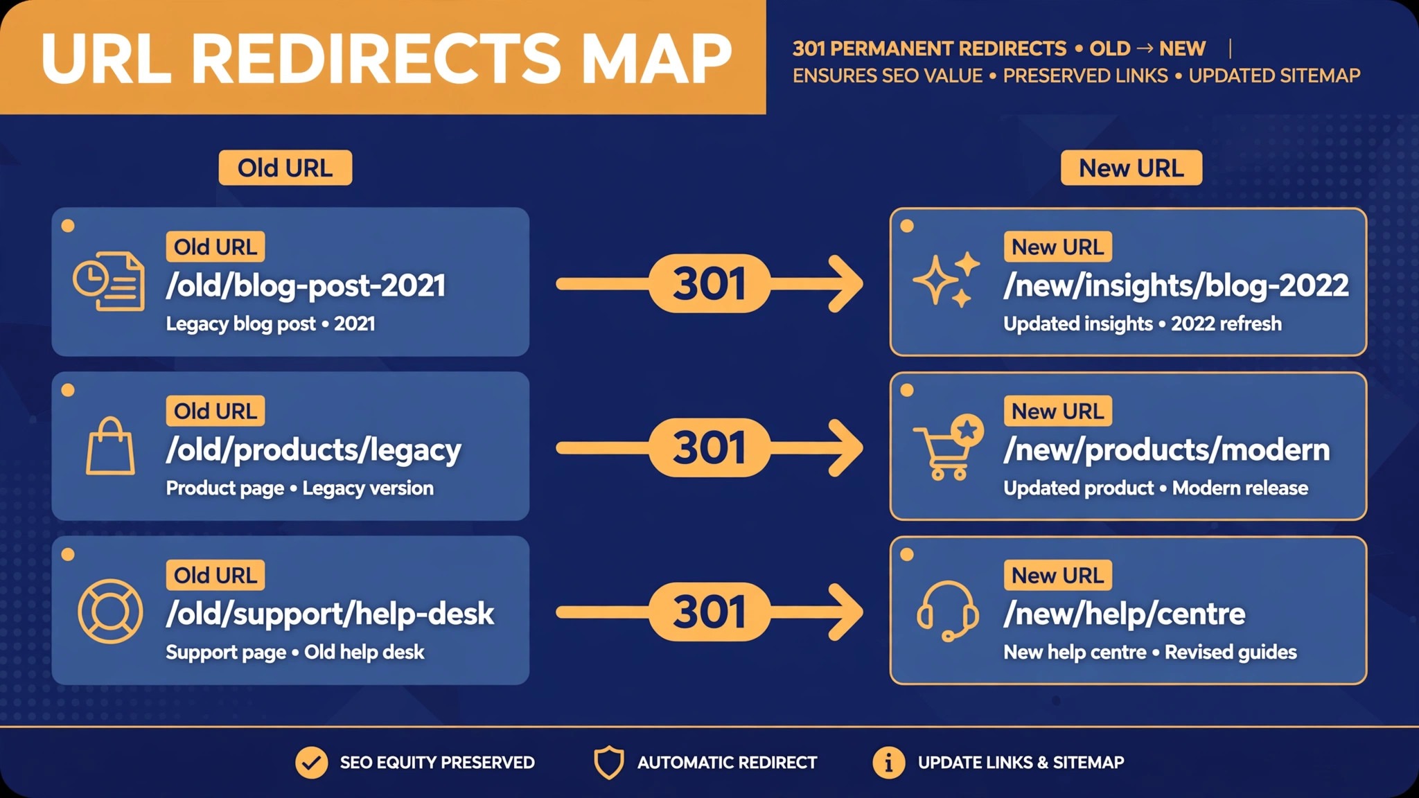 Map of old URLs redirecting to new URLs.