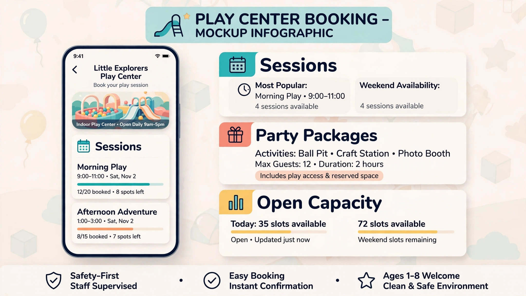 mockup of play center booking page on phone
