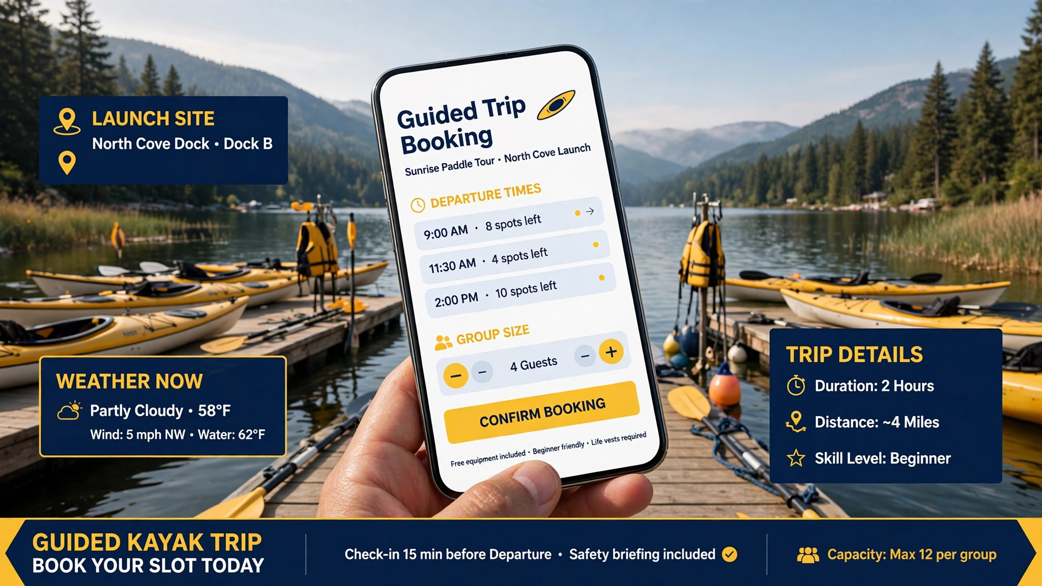 mockup of kayak guided trip booking page on phone