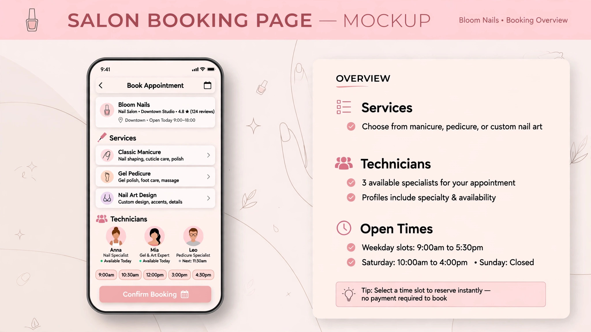 mockup of nail salon booking page on phone