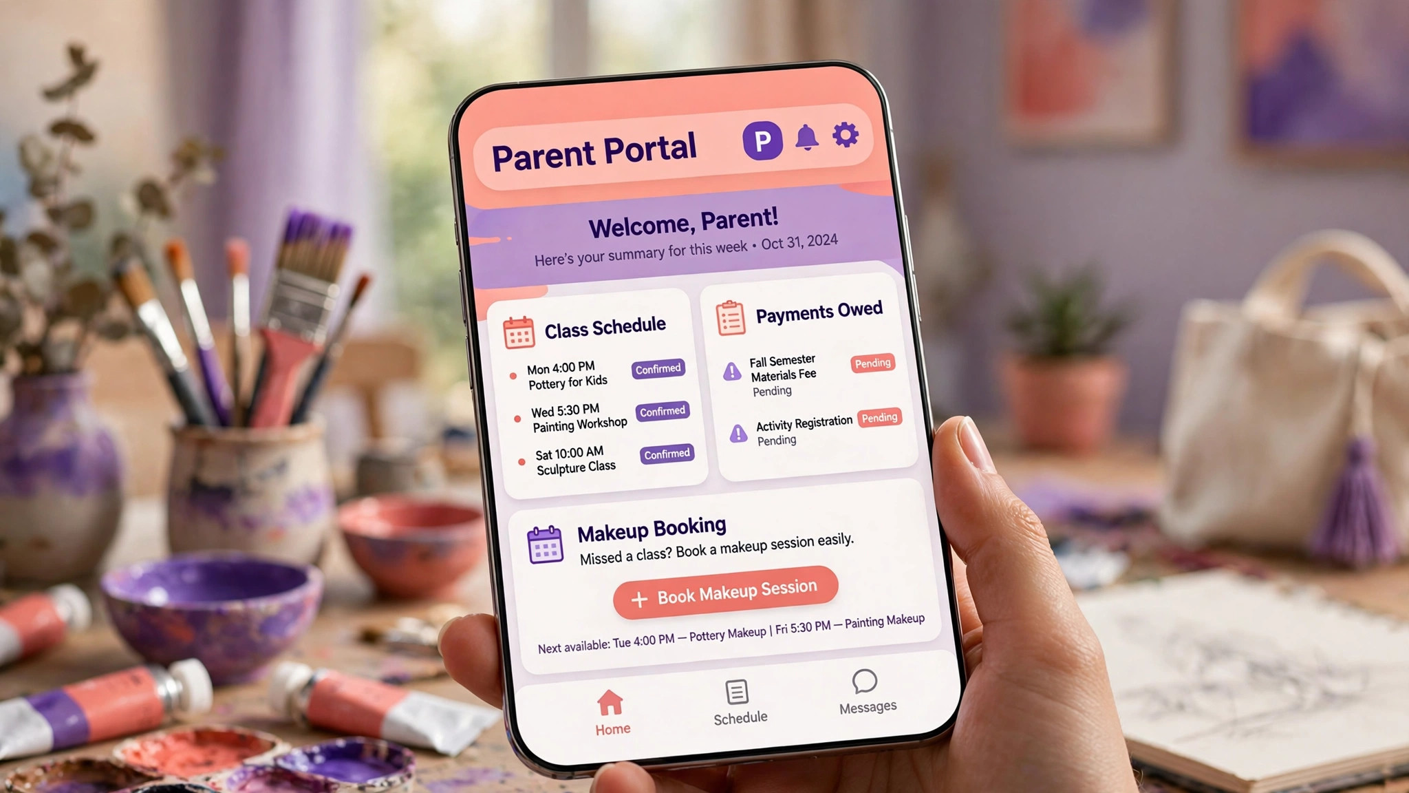 mockup of art studio parent portal on phone