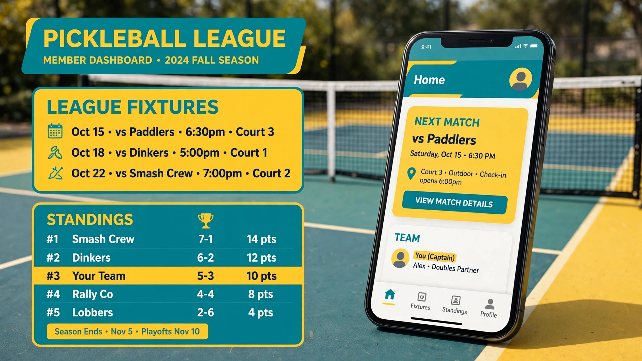 mockup of member phone with league fixtures and standings