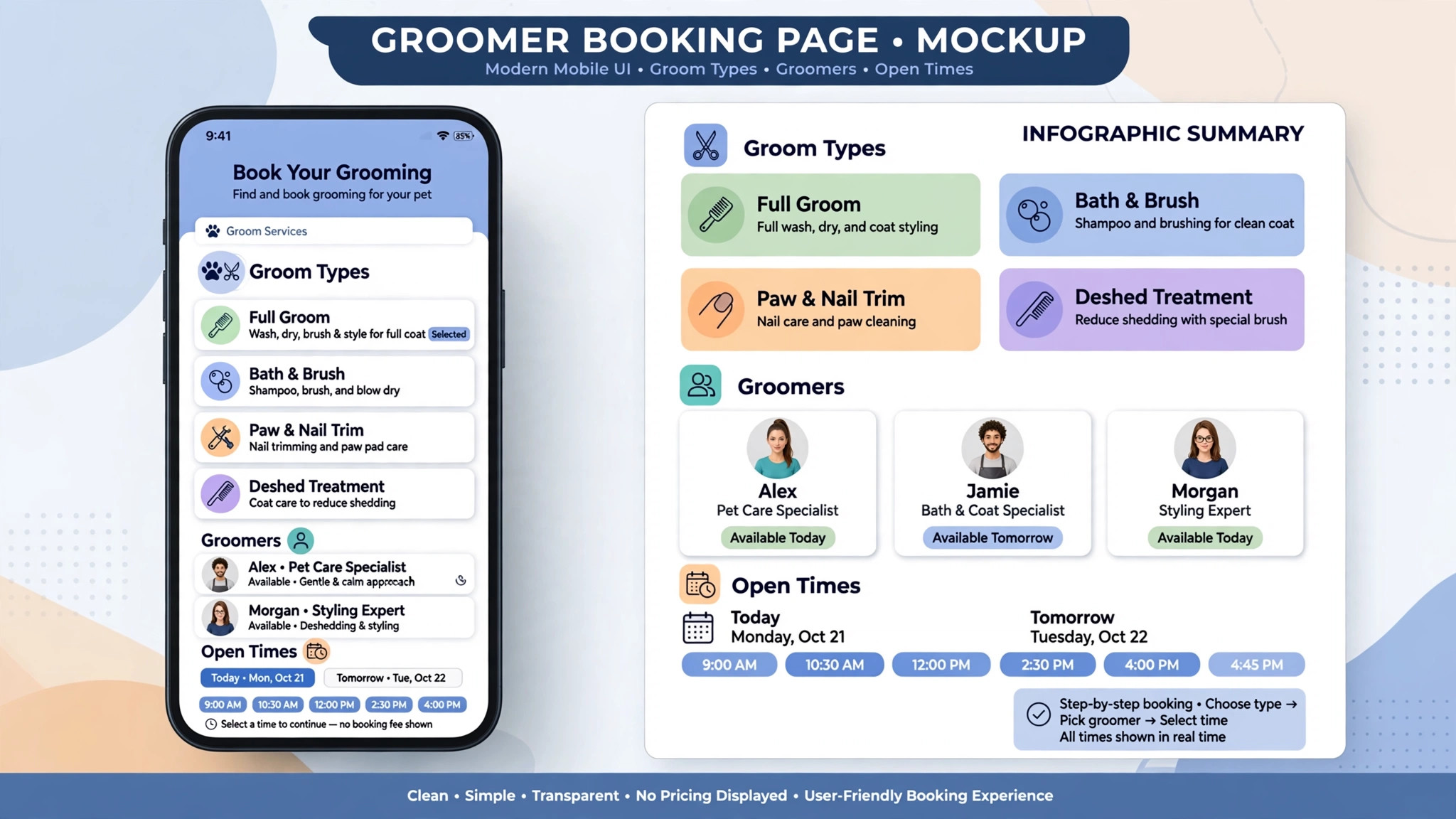 mockup of pet groomer booking page on phone