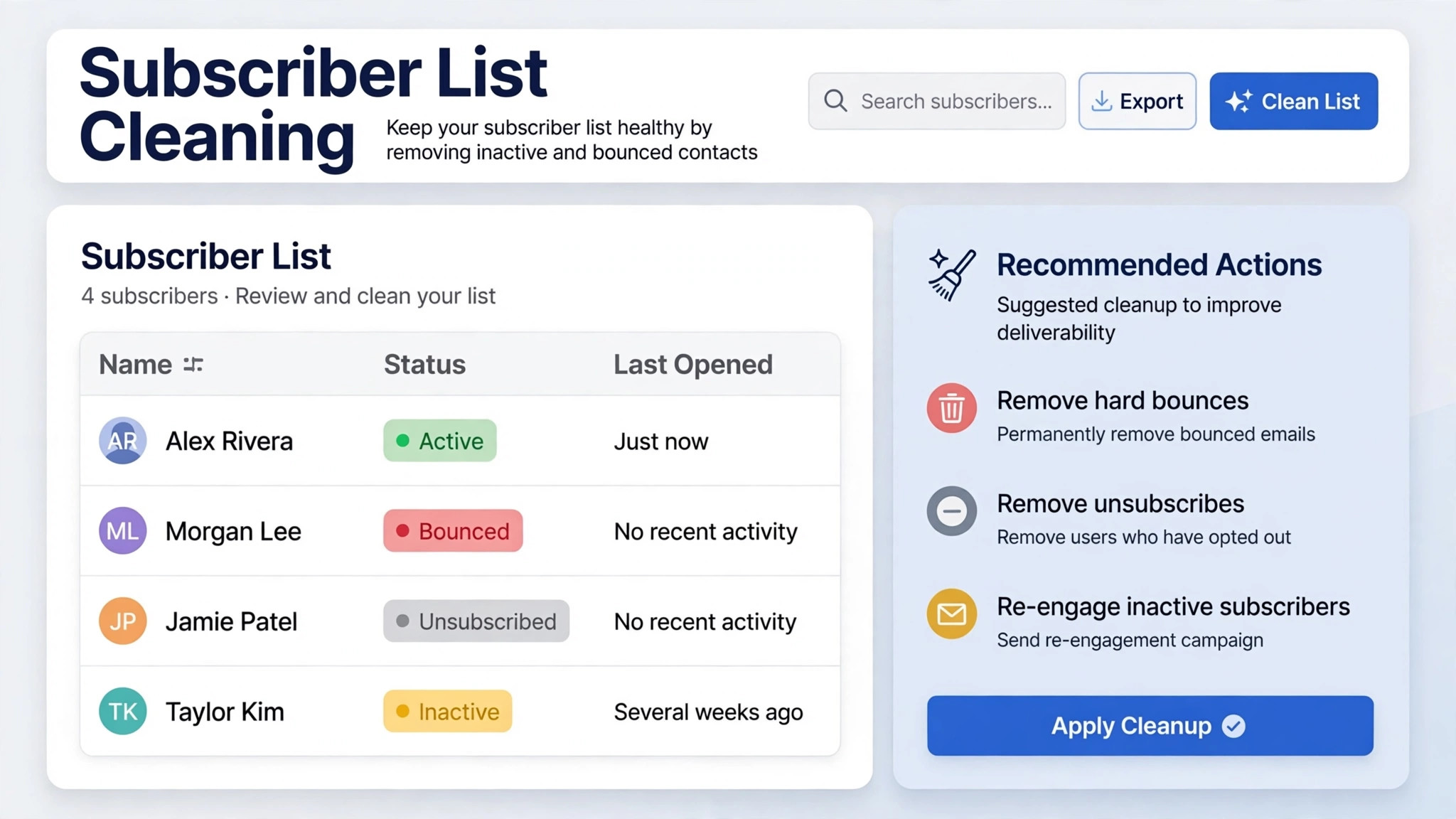 Screenshot concept of Moosend list cleaning
