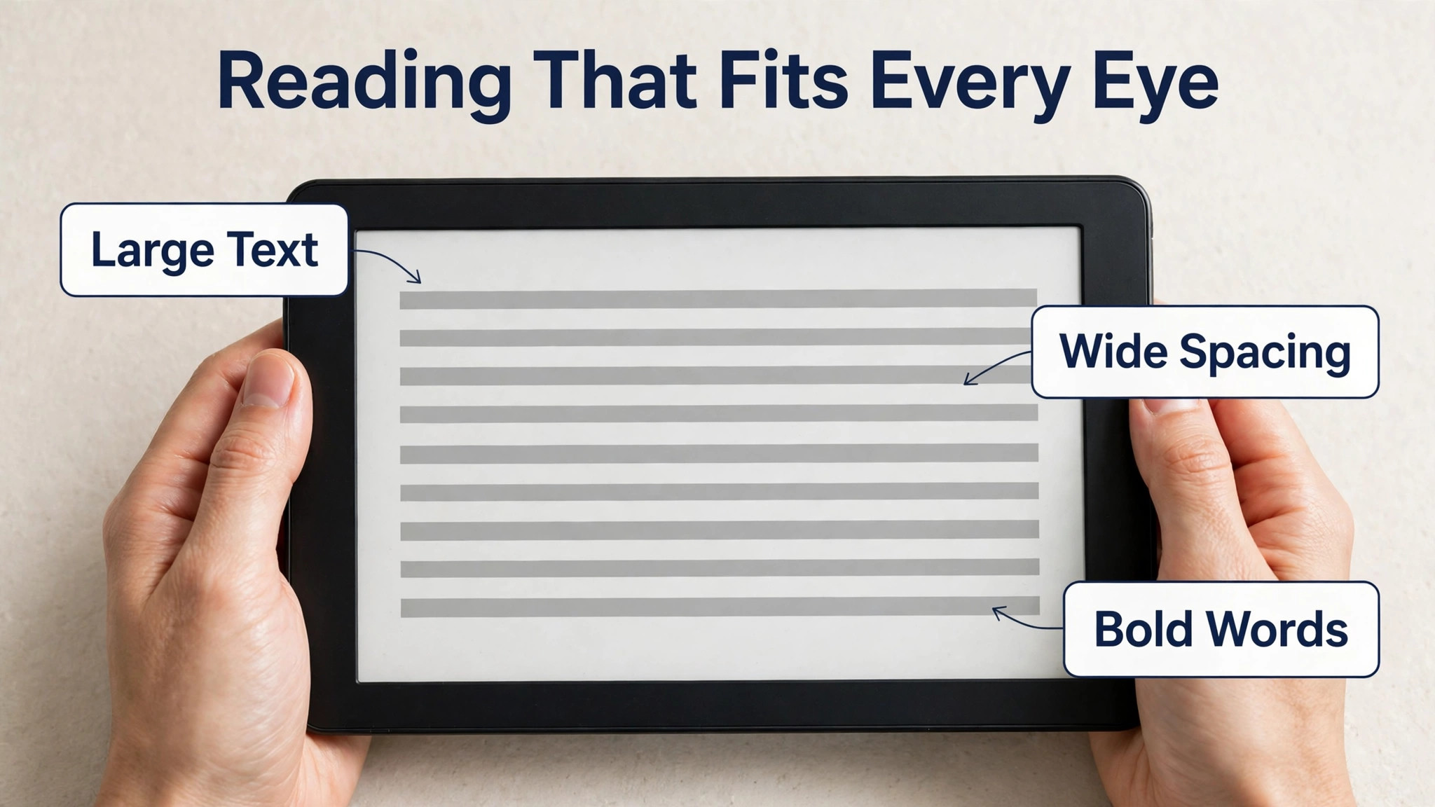 E-reader showing large text with wide spacing and bold words callouts