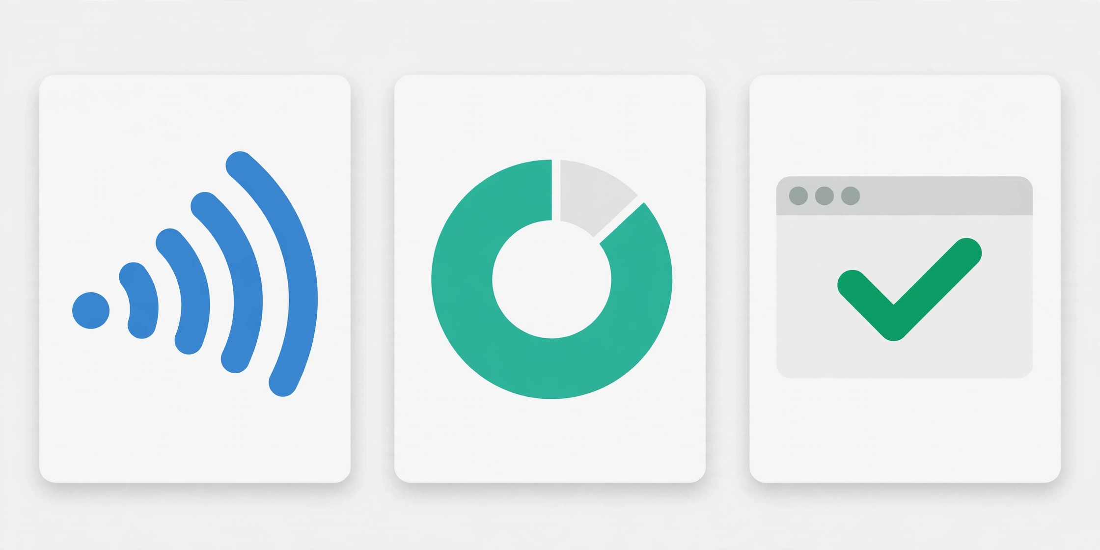 Three panels checking a wifi signal with rising bars, a storage gauge that is mostly full, and a browser window with a green check mark
