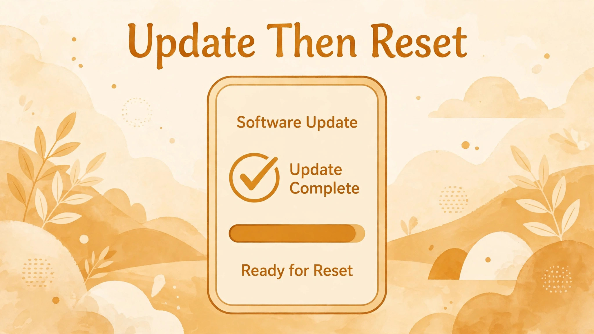 Phone showing a completed software update with a check mark, labelled update then reset, with no percentage shown