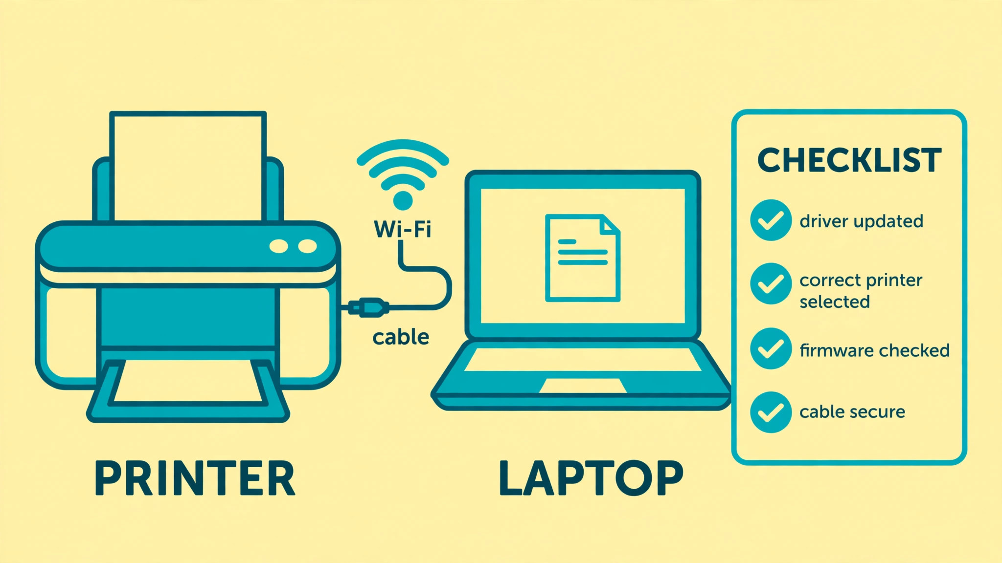 Printer connected to a laptop by cable and Wi-Fi beside a checklist for driver updated, correct printer selected, firmware checked and cable secure
