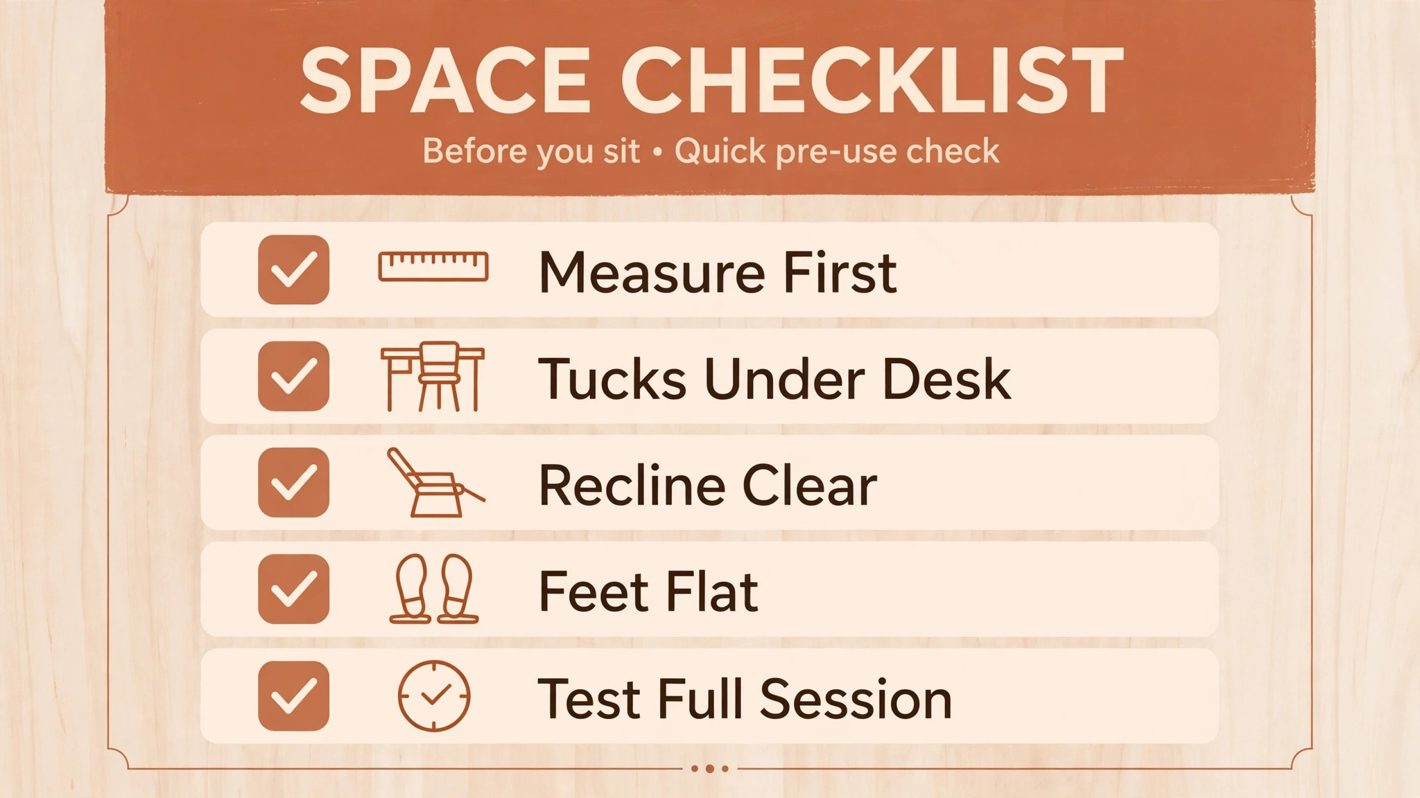 Checklist to measure first, tuck under desk, clear recline, keep feet flat and test a full session