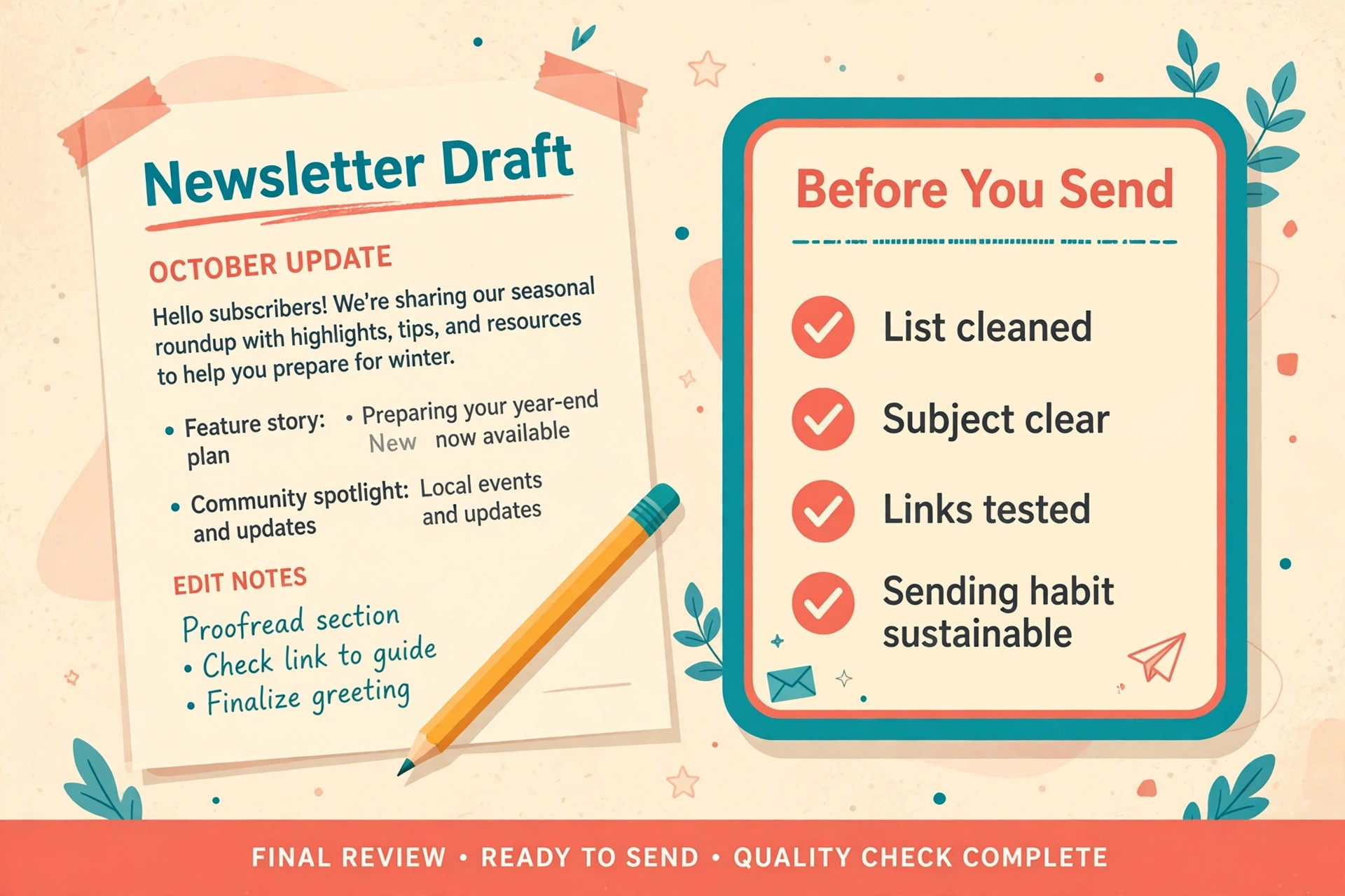 Pre-send checklist beside a newsletter draft