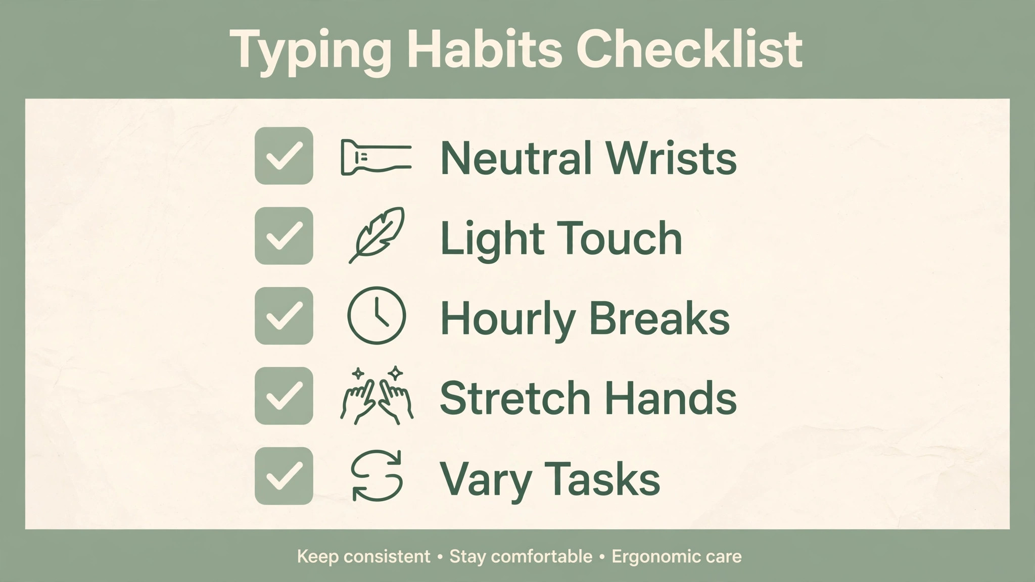 Checklist for neutral wrists, light touch, hourly breaks, stretching hands and varying tasks